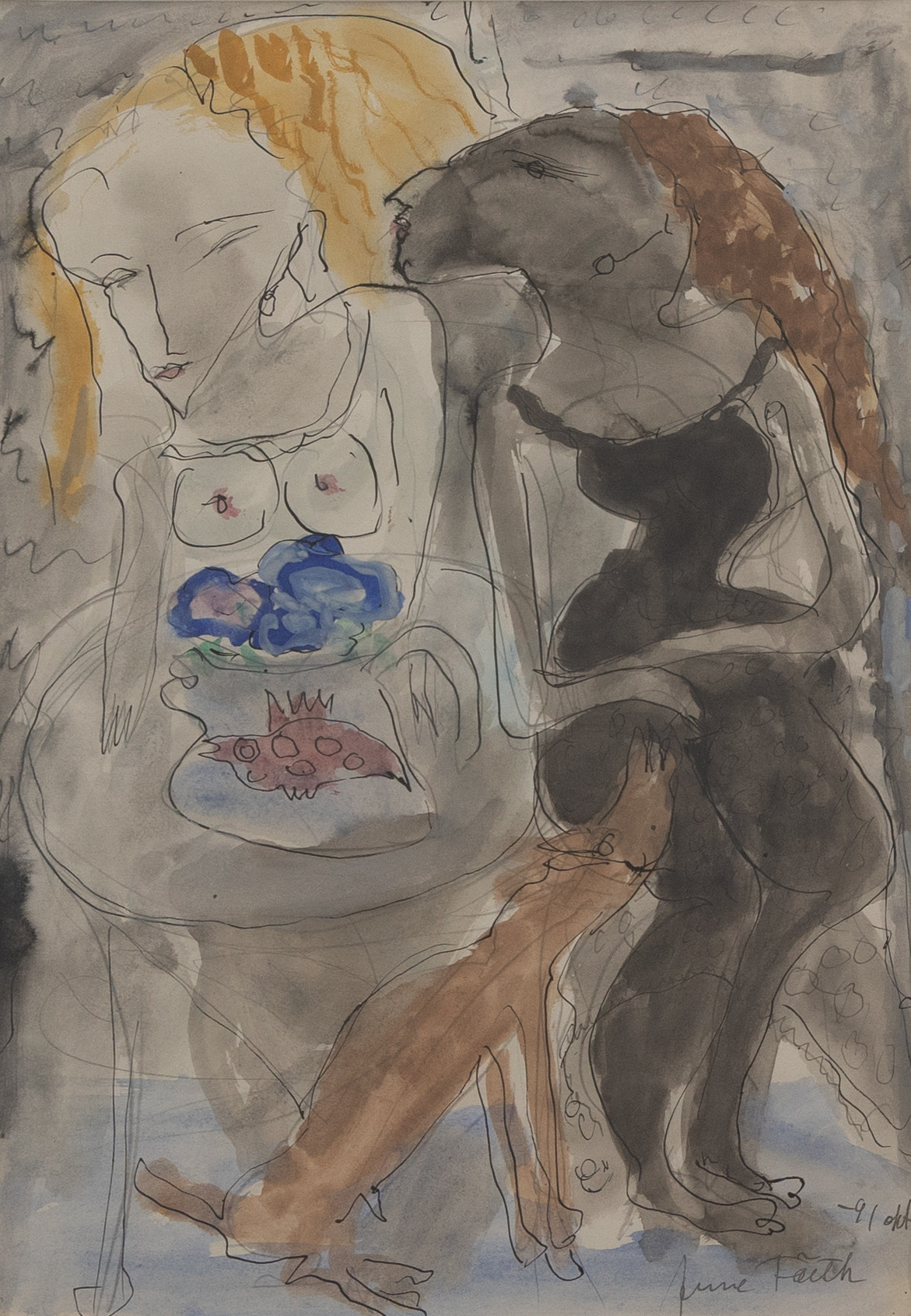 ARNE FÄLTH (FÖDD 1937). Kvinnor vid cafebord, blandteknik, signerad och daterad okt -91.