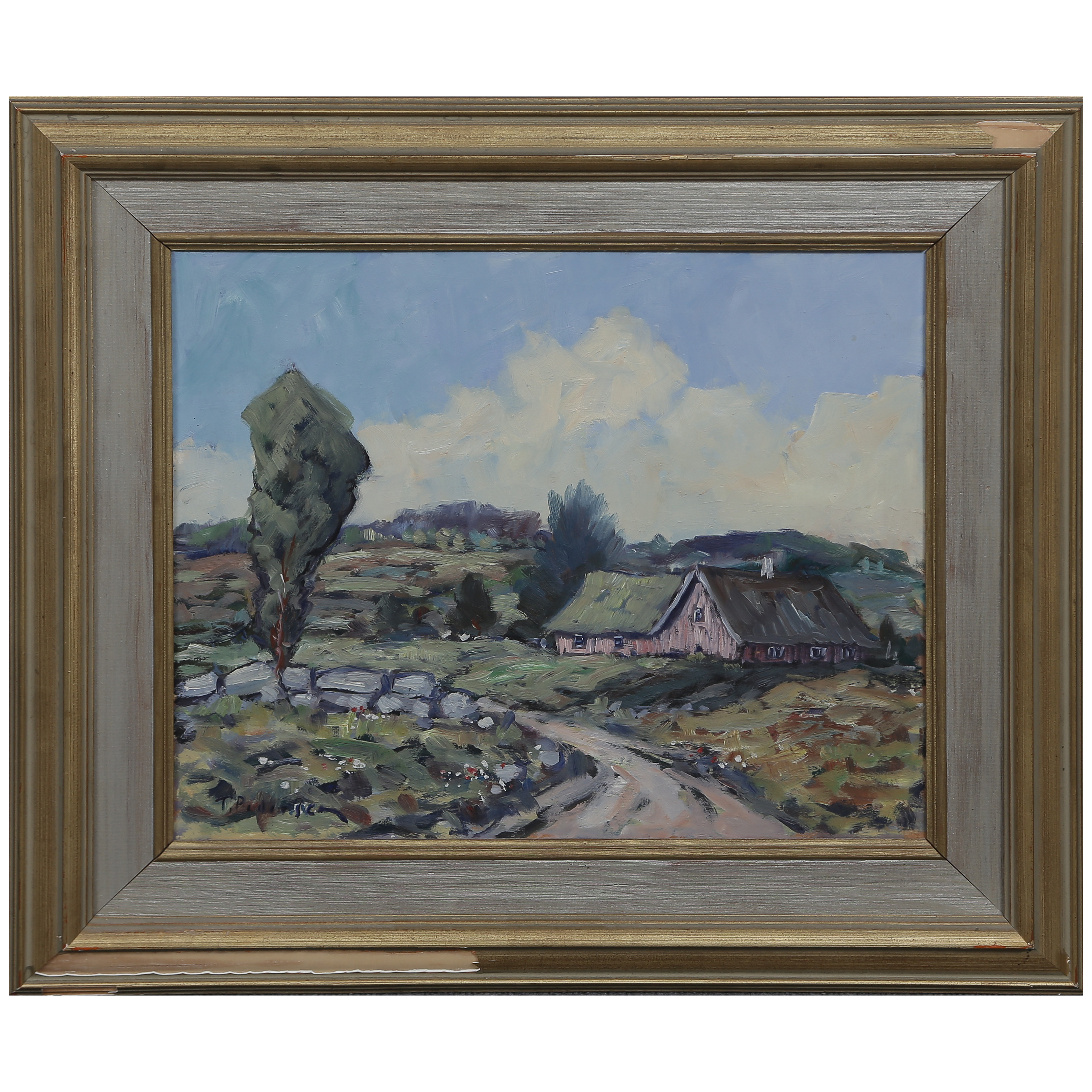 TORSTEN PEDERSEN (1907-1973) "GAMMAL STUGA I STADSAX" OLJA PÅ PANNÅ, SIGNERAD.