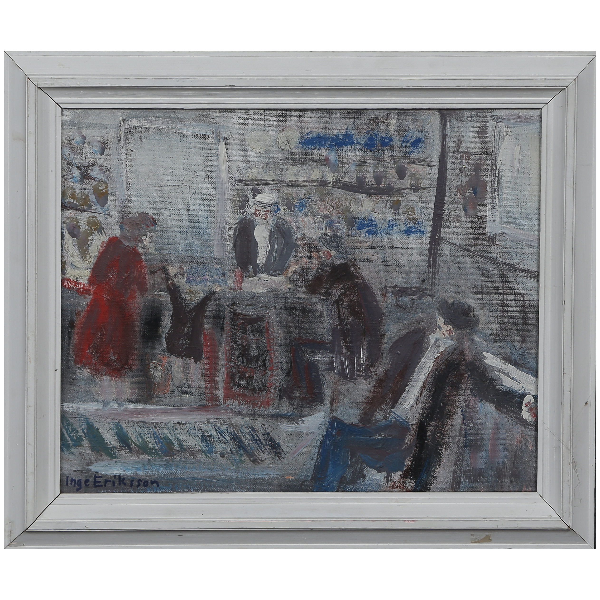 INGE ERIKSSON "LANTHANDEL MED FIGURER OCH SILLTUNNA" OLJA PÅ DUK, SIGNERAD, DATERAD 1989 A TERGO.