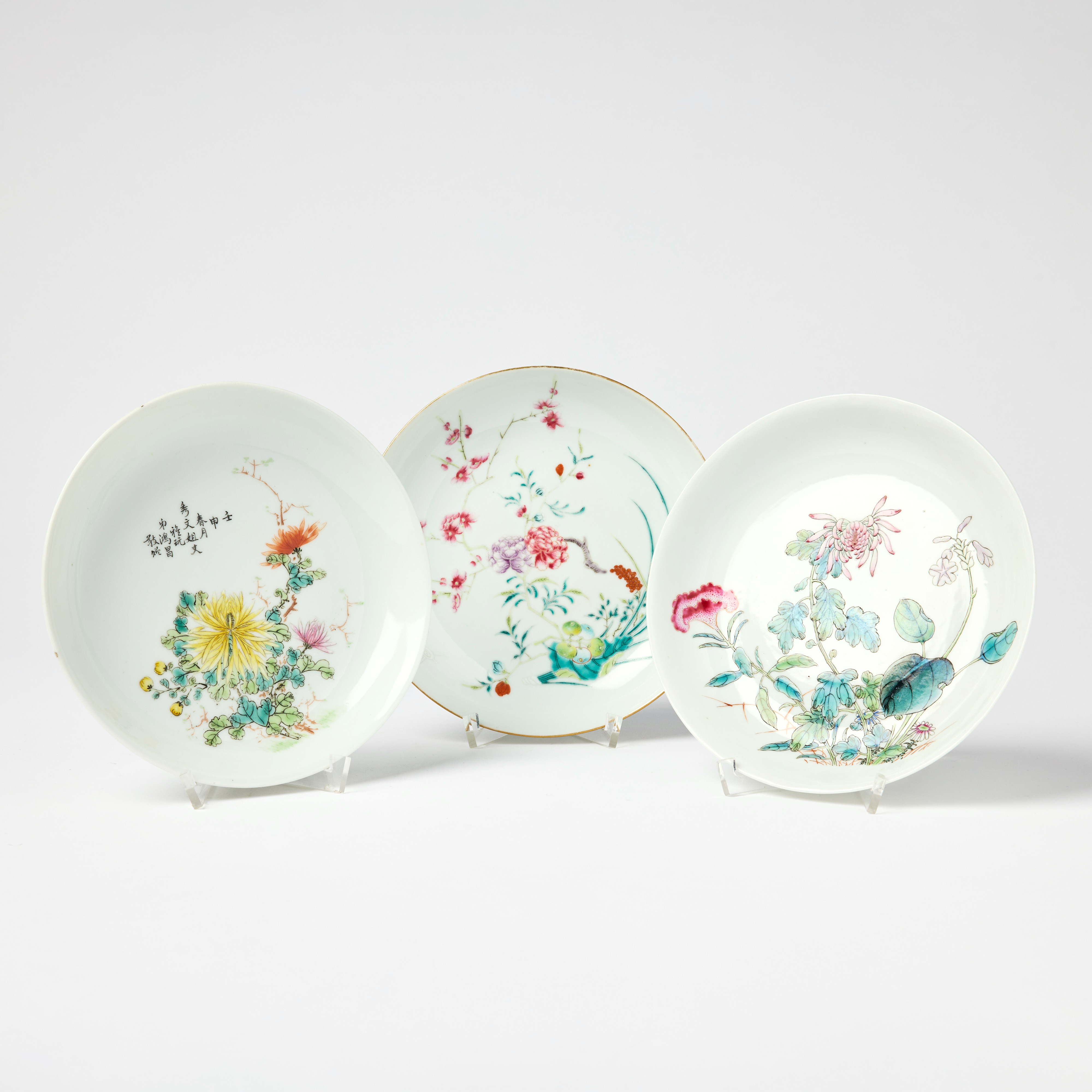 Three Chinese Famille Rose Floral Dishes.