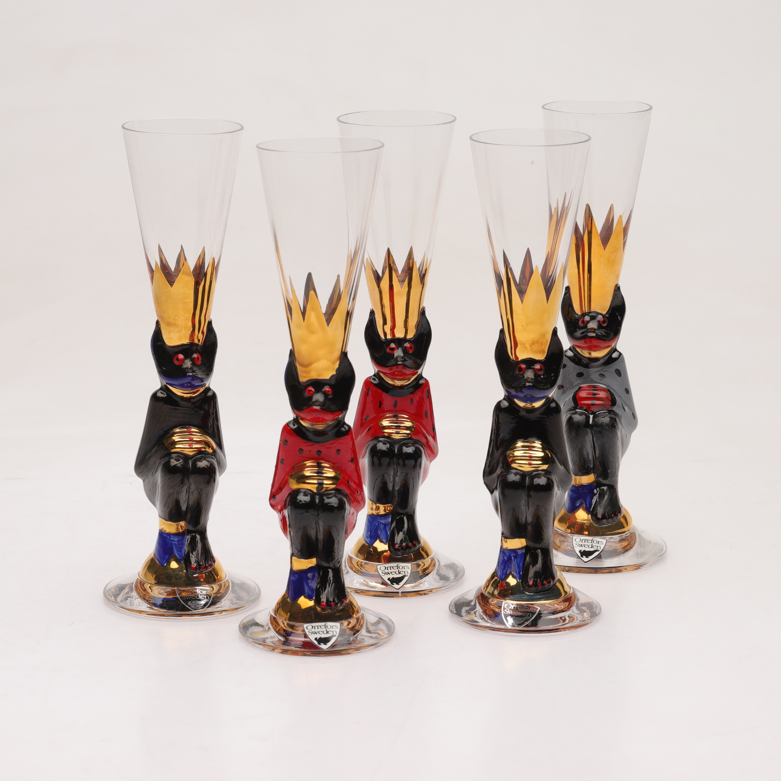 GUNNAR CYRÉN. snapsglas, 5 st, "Nobel" s.k. "Djävulsglas", Orrefors.
