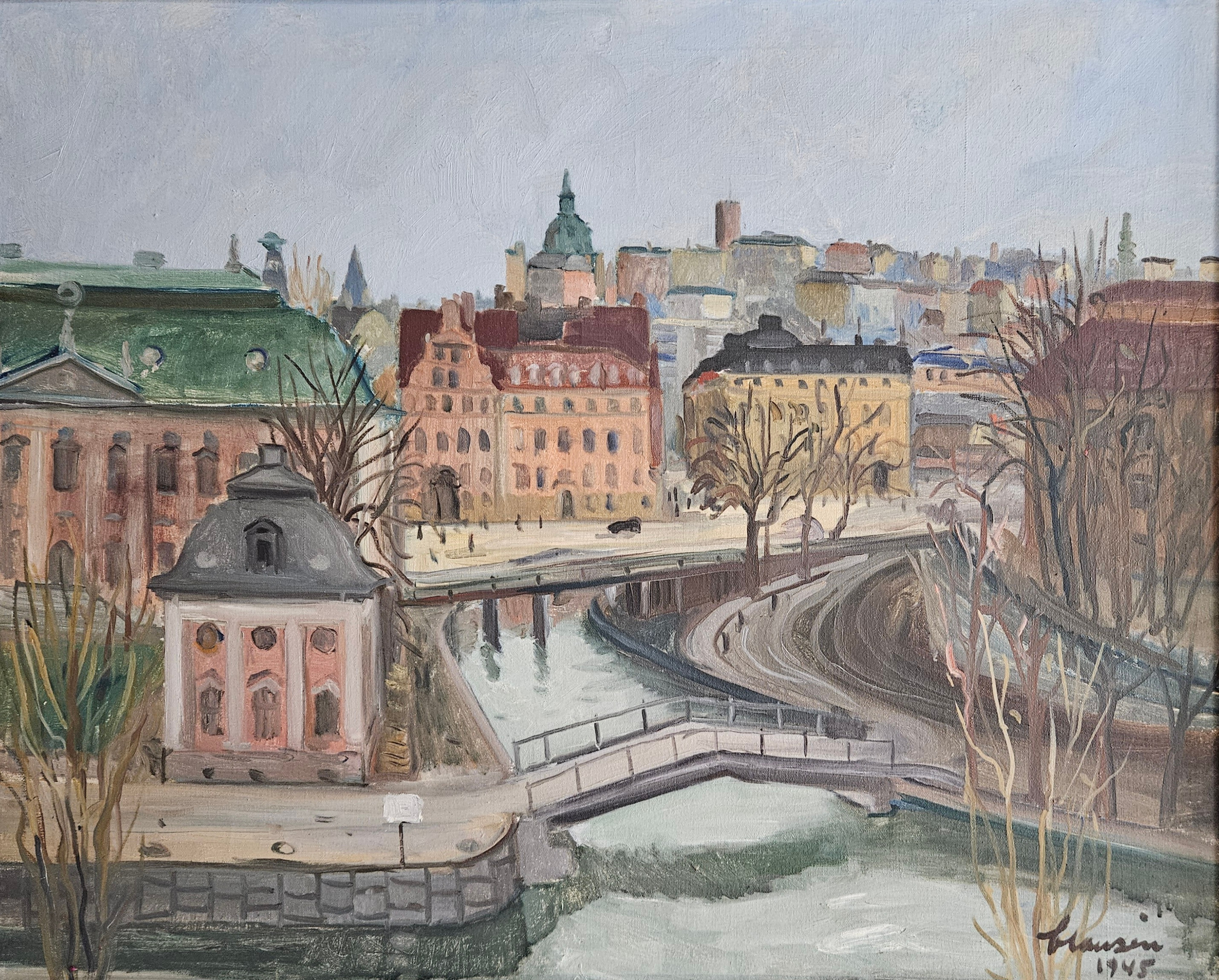 OIDENTIFIERAD KONSTNÄR. Stockholmsmotiv med bland annat riddarhuset, otydligt signerad och daterad 1945.