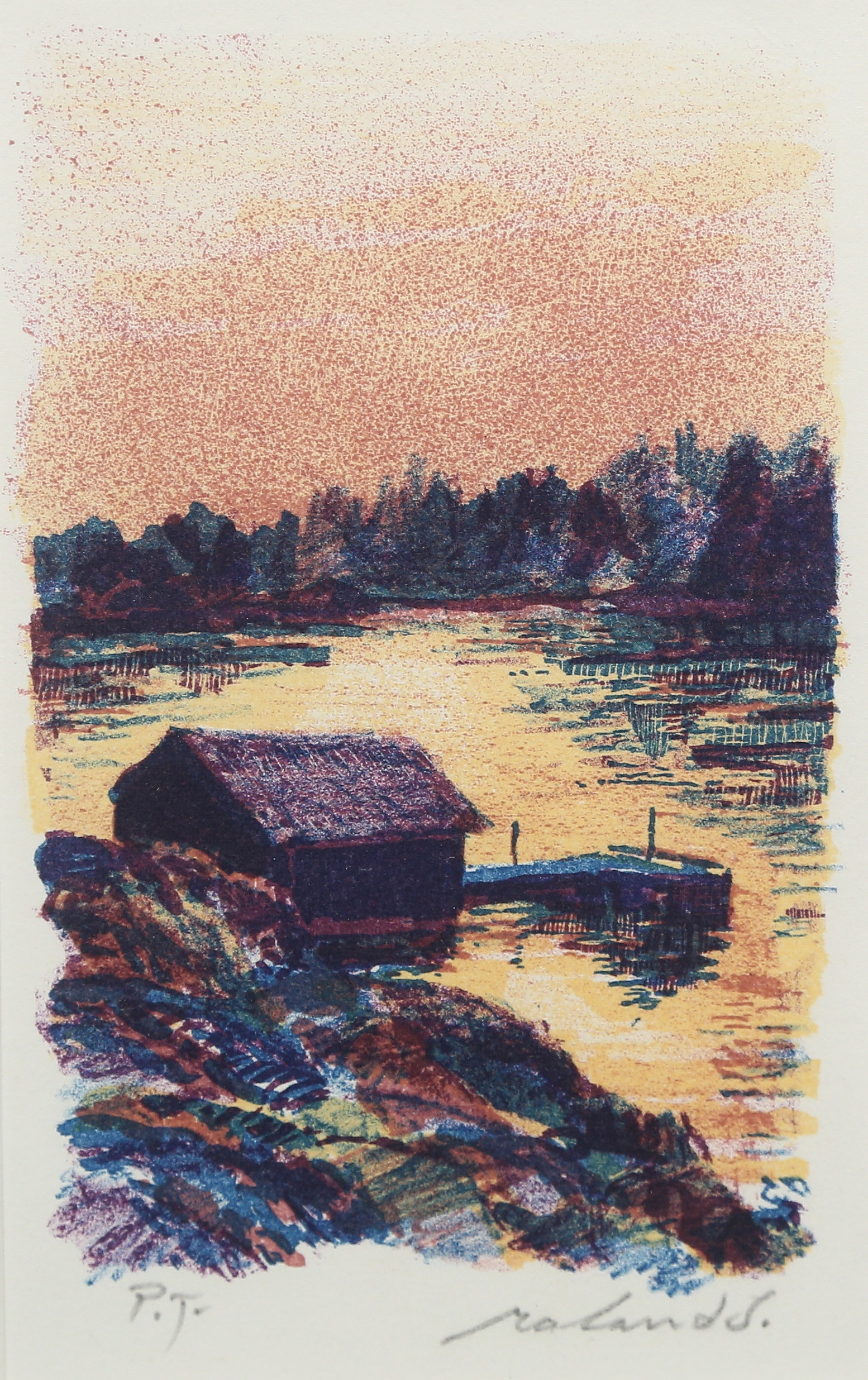 ROLAND SVENSSON. färglitografi, ''hembryggan, Tornö-Möja''.