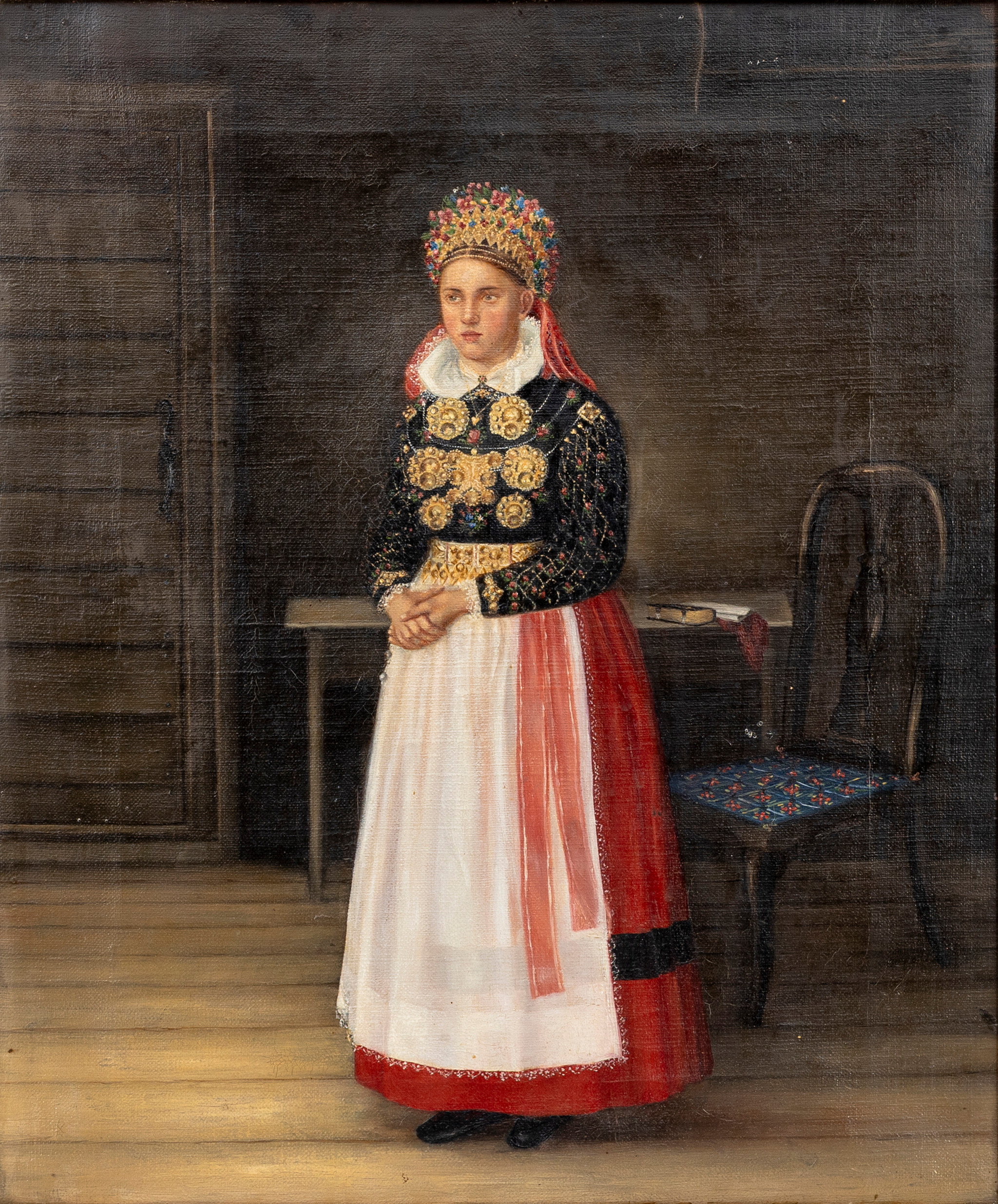 OKÄND KONSTNÄR. Ung kvinna i folkdräkt, olja på duk, osignerad, sekelskiftet 18/1900.