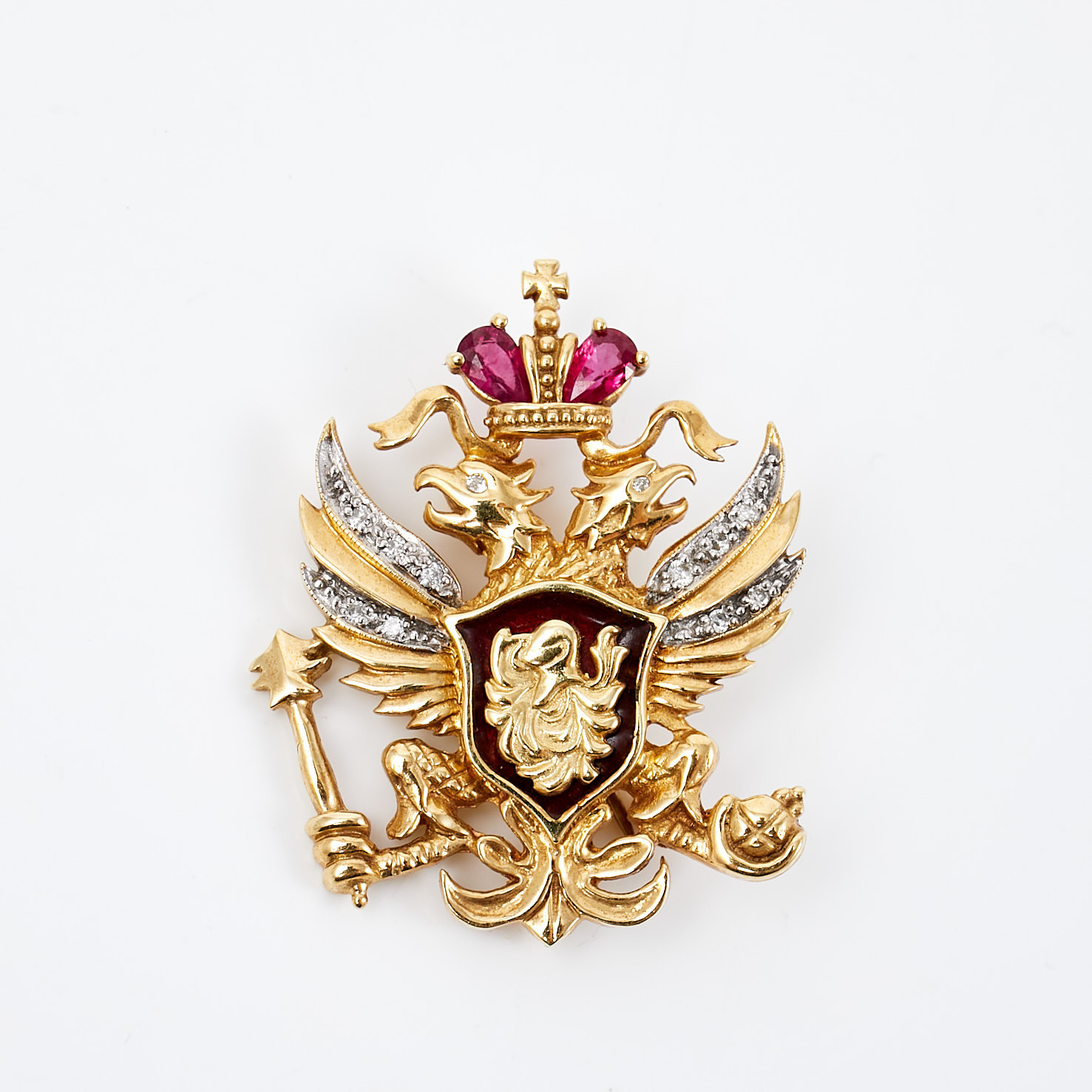 Franklin Mint, "House of Fabergé", brosch, 14 k guld, 2 pendeloqueslipade rubiner, 12 briljantslipade diamanter, 0,06 ct, röd emaljdekor, i form av Rysslands riksvapen.