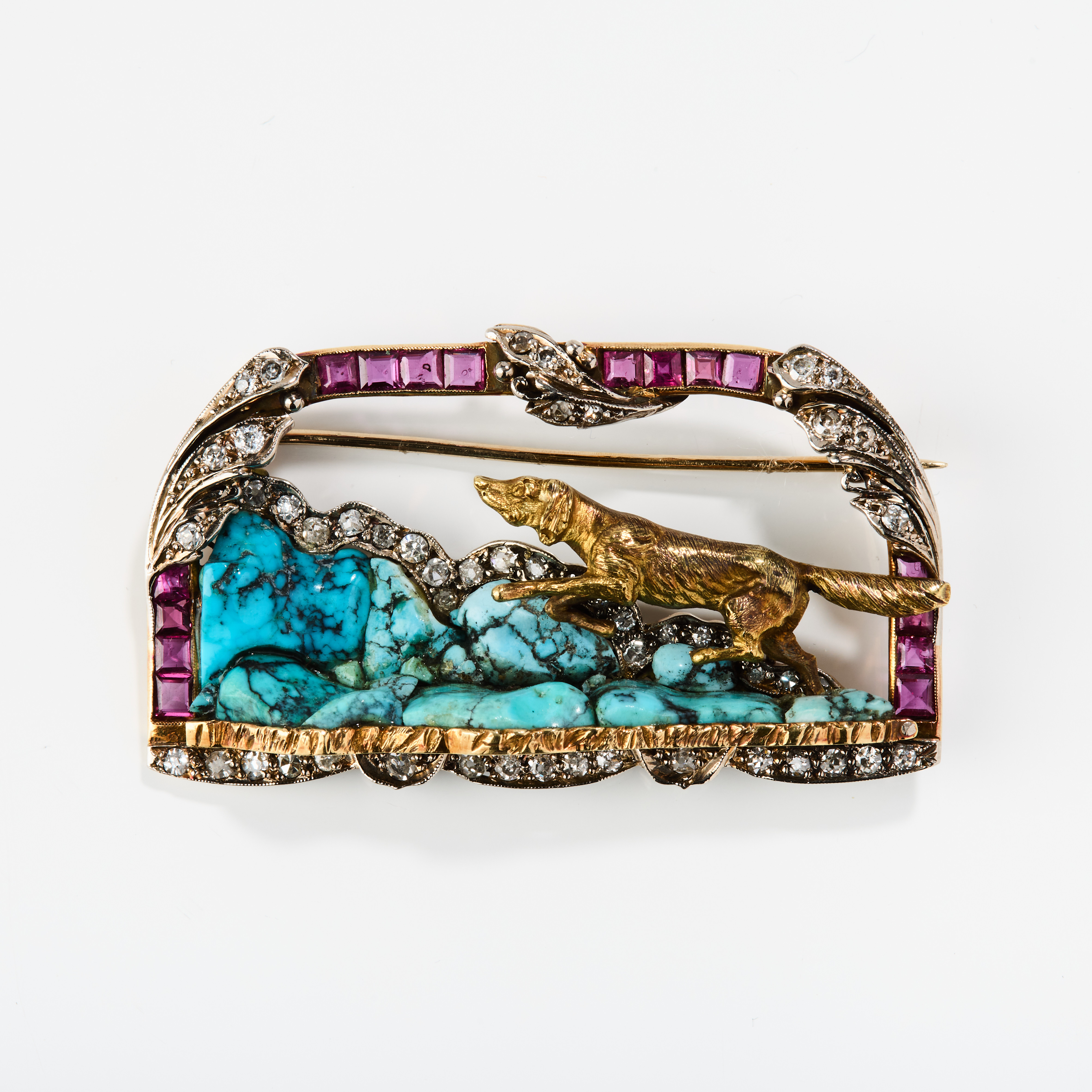 BROSCH, 18K guld, platina, turkoser, rubiner och diamanter, 1920-tal.