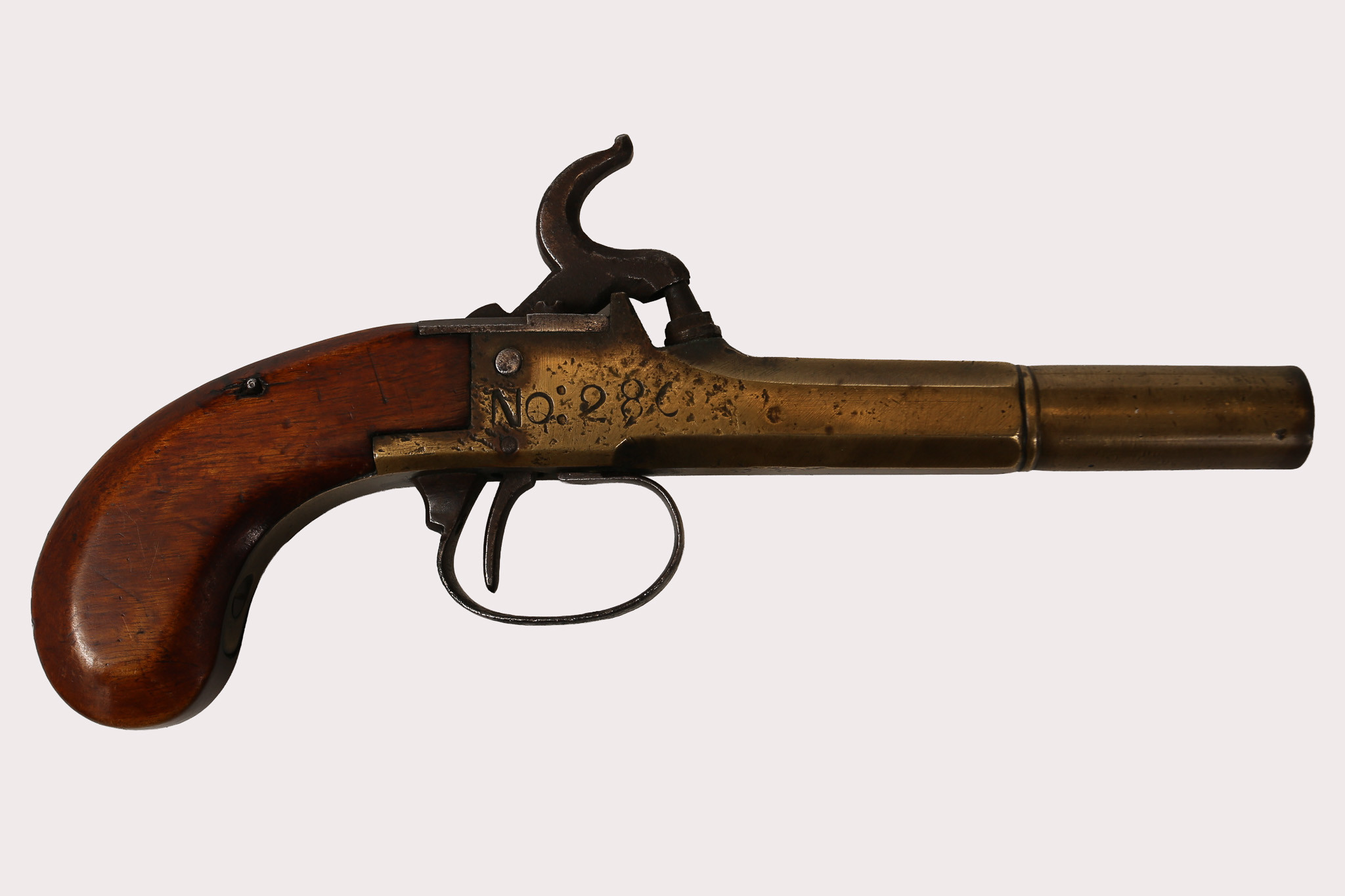 SLAGLÅSPISTOL, mässing, "Get-Ola", Romdala, Sverige, ca 1850-tal.