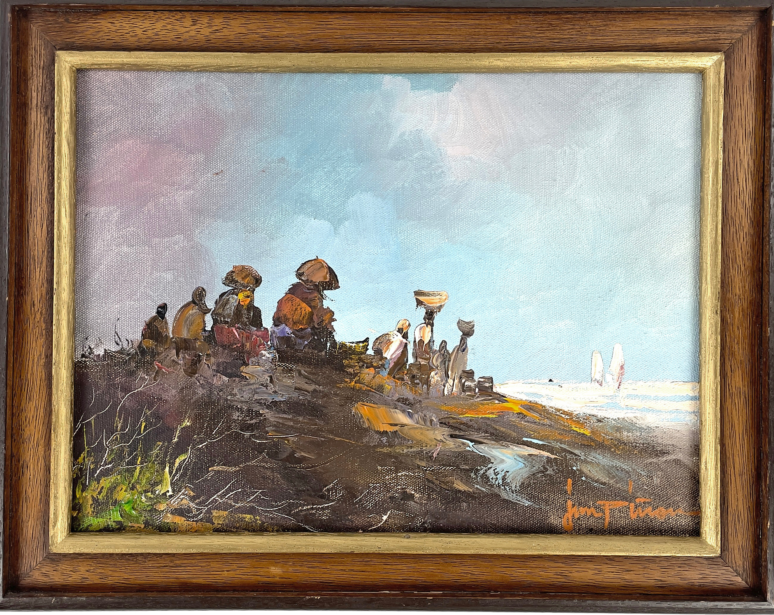 JIM PIÑON, olja på duk, figurer på kulle vid havet, signerad.