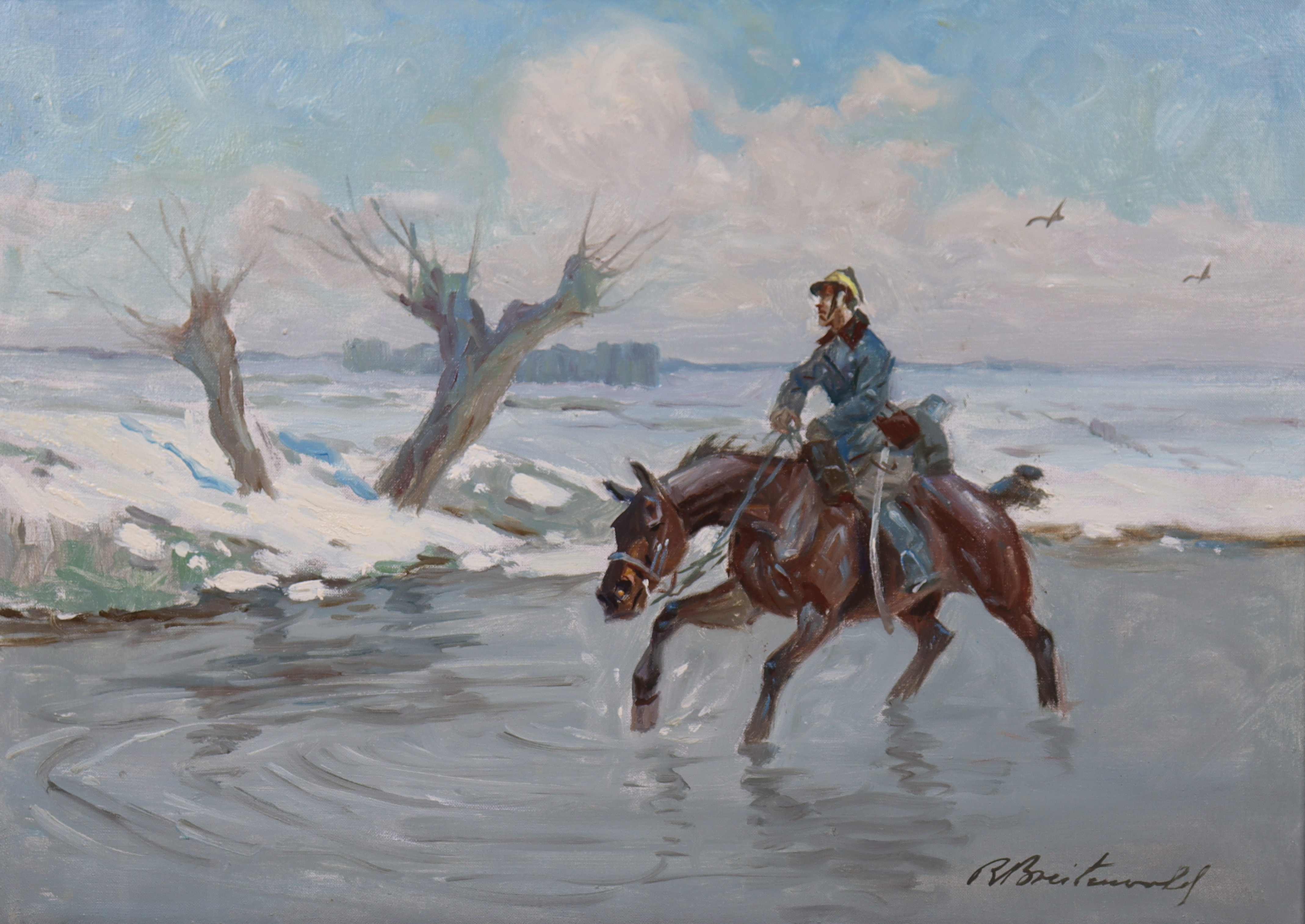 ROMAN BREITENWALD (1911-1985). olja på duk, soldat på häst.
