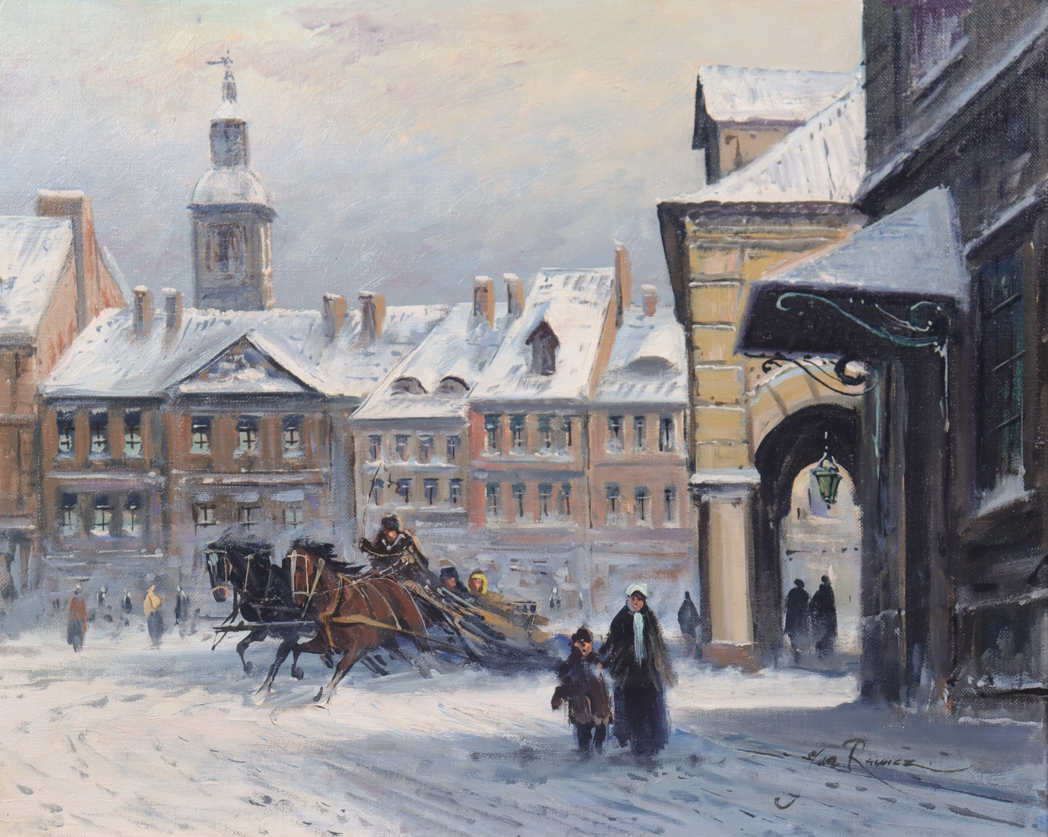 JAN RAWICZ (1911-1979). olja på duk, vintrig stadsvy.