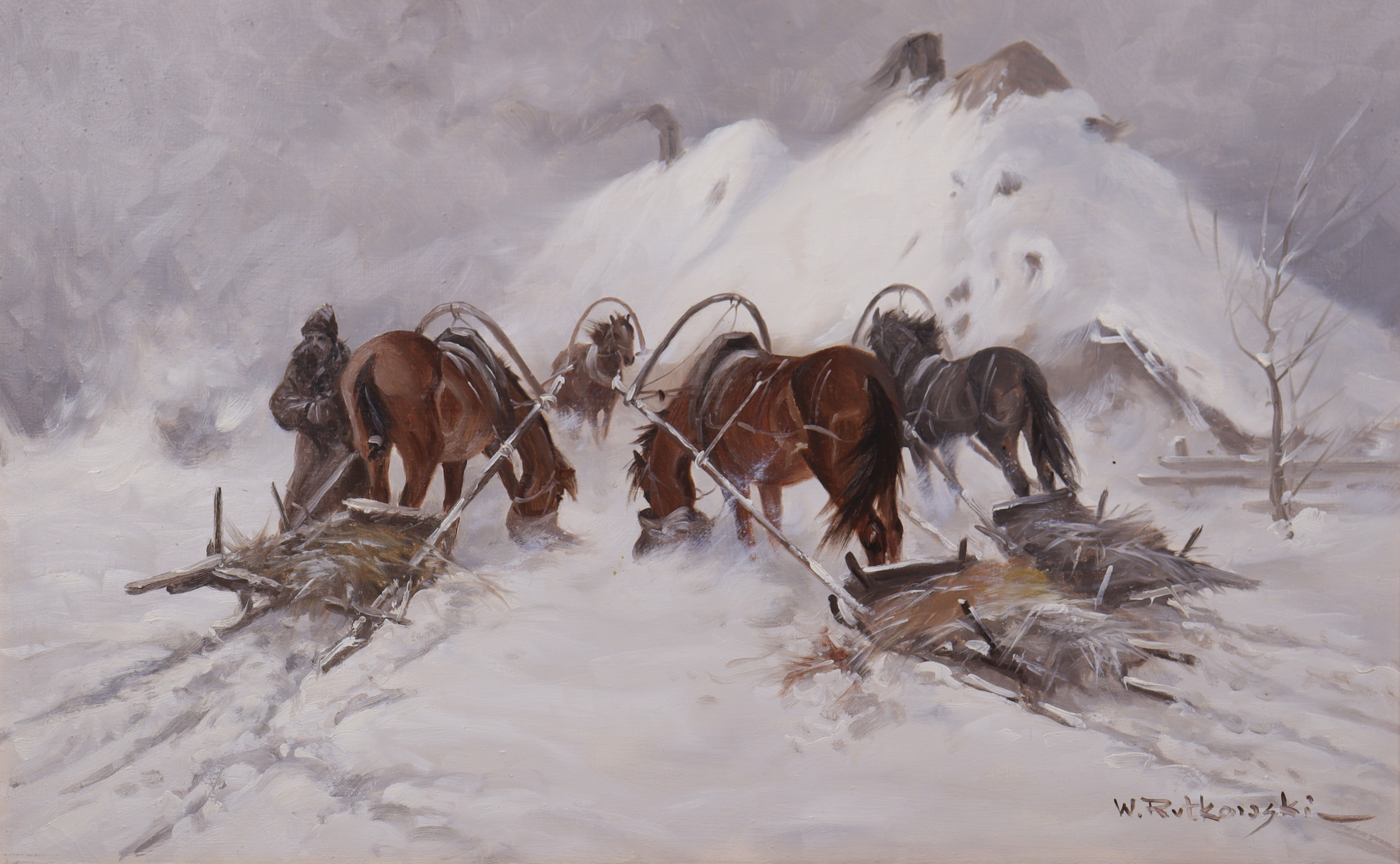 WŁODZIMIERZ RUTKOWSKI (1915-1992). olja på duk, slädhästar framför hus.