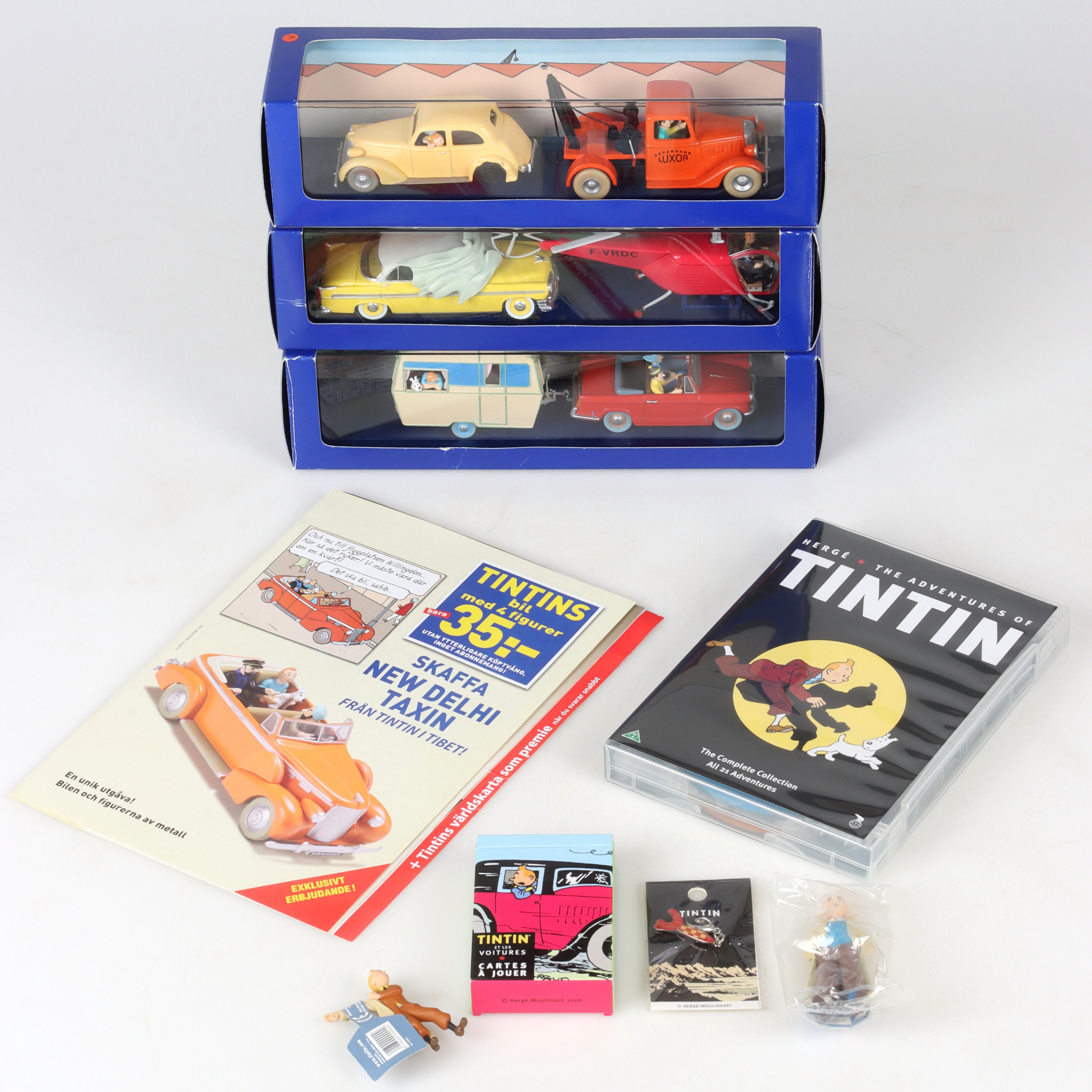 TINTIN, 8 delar, b.la. diorama från "Krabban med guldklorna".