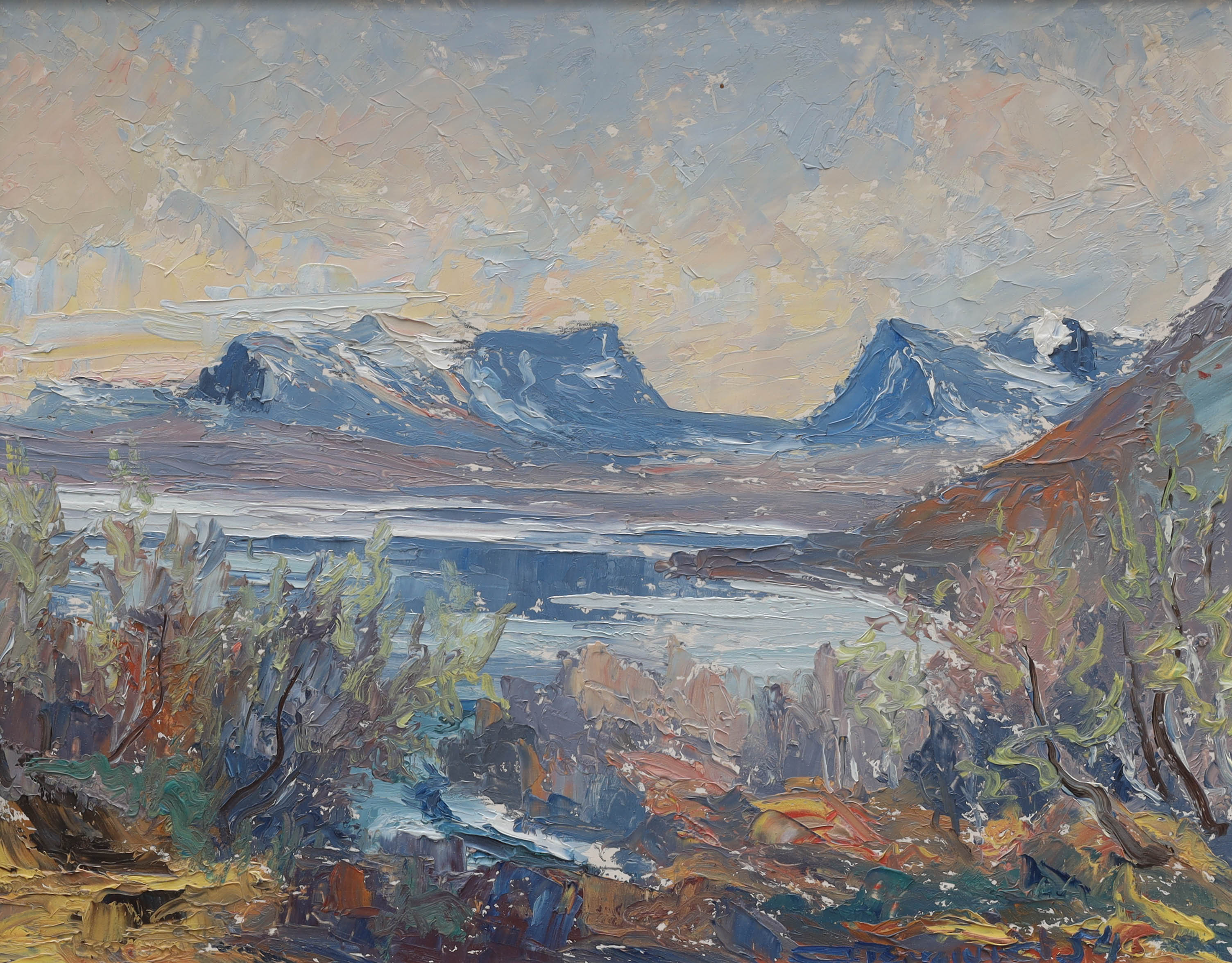 OSCAR BERGQVIST. olja på pannå, Lapporten, signerad O Bergqvist, daterad -54.