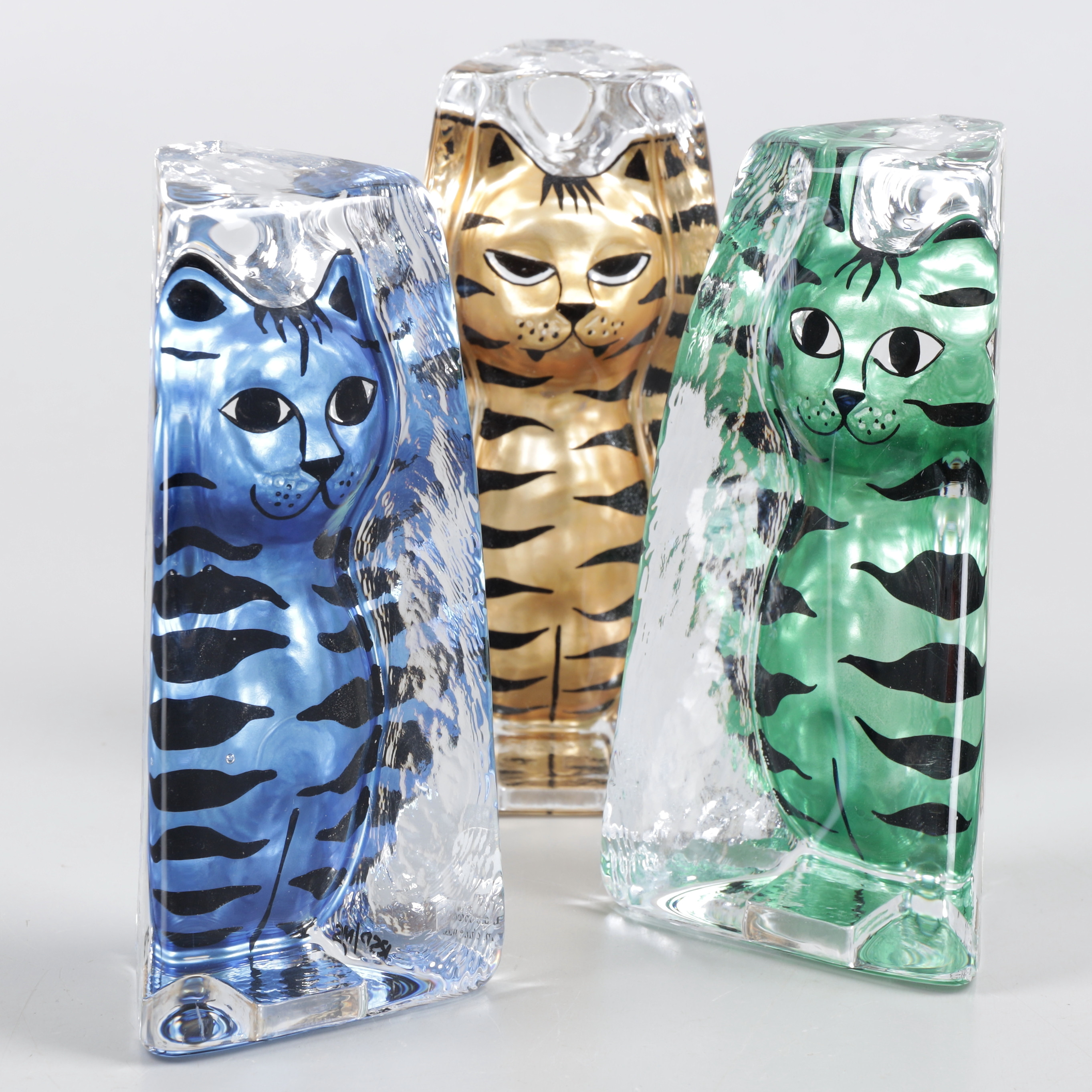 RENATE STOCK PAULSSON. Skulpturer, 3 st, glas, kattdjur, Sea Glasbruk.