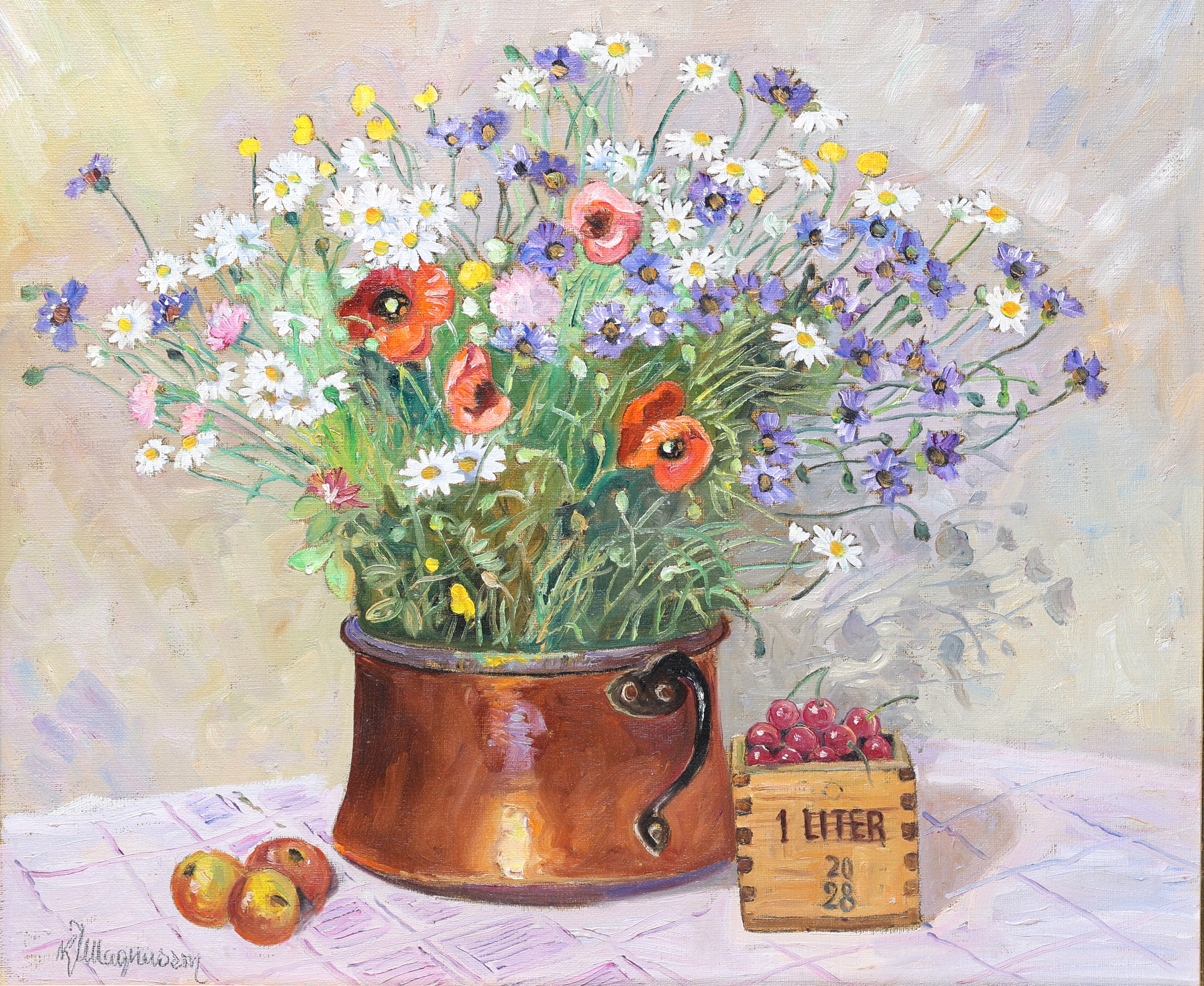 KARL JOHAN MAGNUSSON. Olja på duk, blomsterstilleben, "Vilda Blommor", signerad.