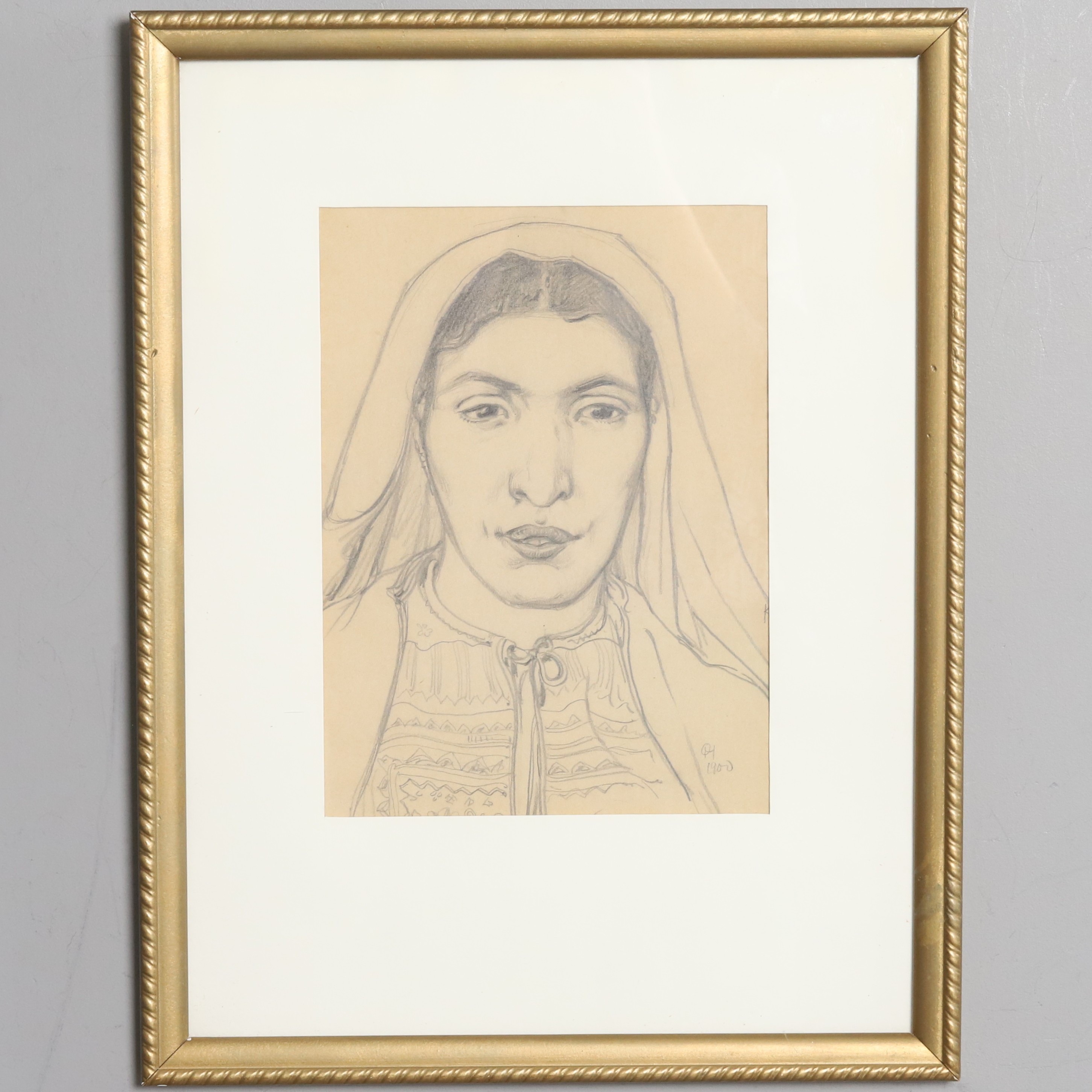 OLLE HJORTZBERG. Blyertsteckning. Porträtt av kvinna, monogramsignerad.