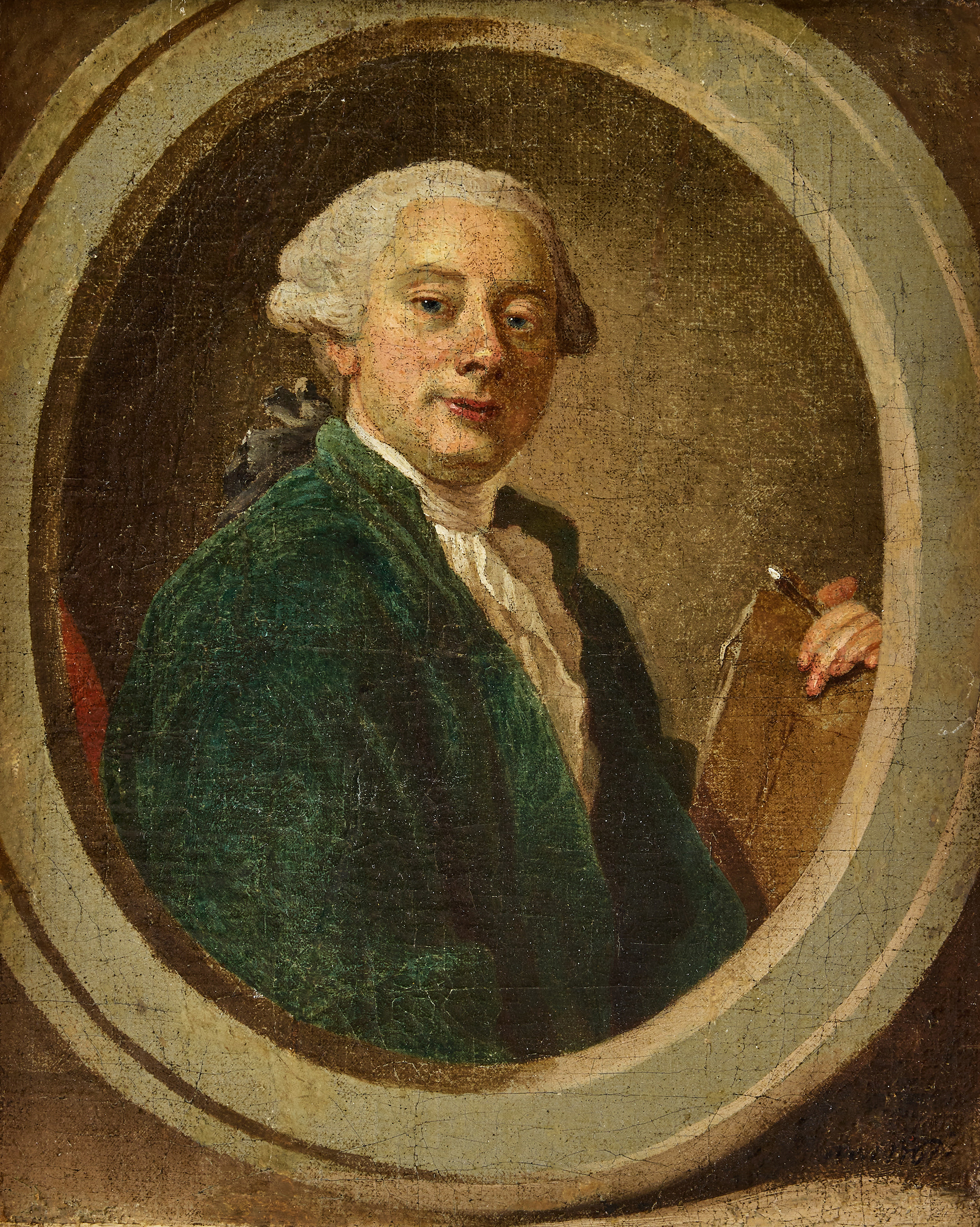 ALEXANDER ROSLIN. Självporträtt iklädd grön rock med ritstift i handen i målad oval - en skiss.