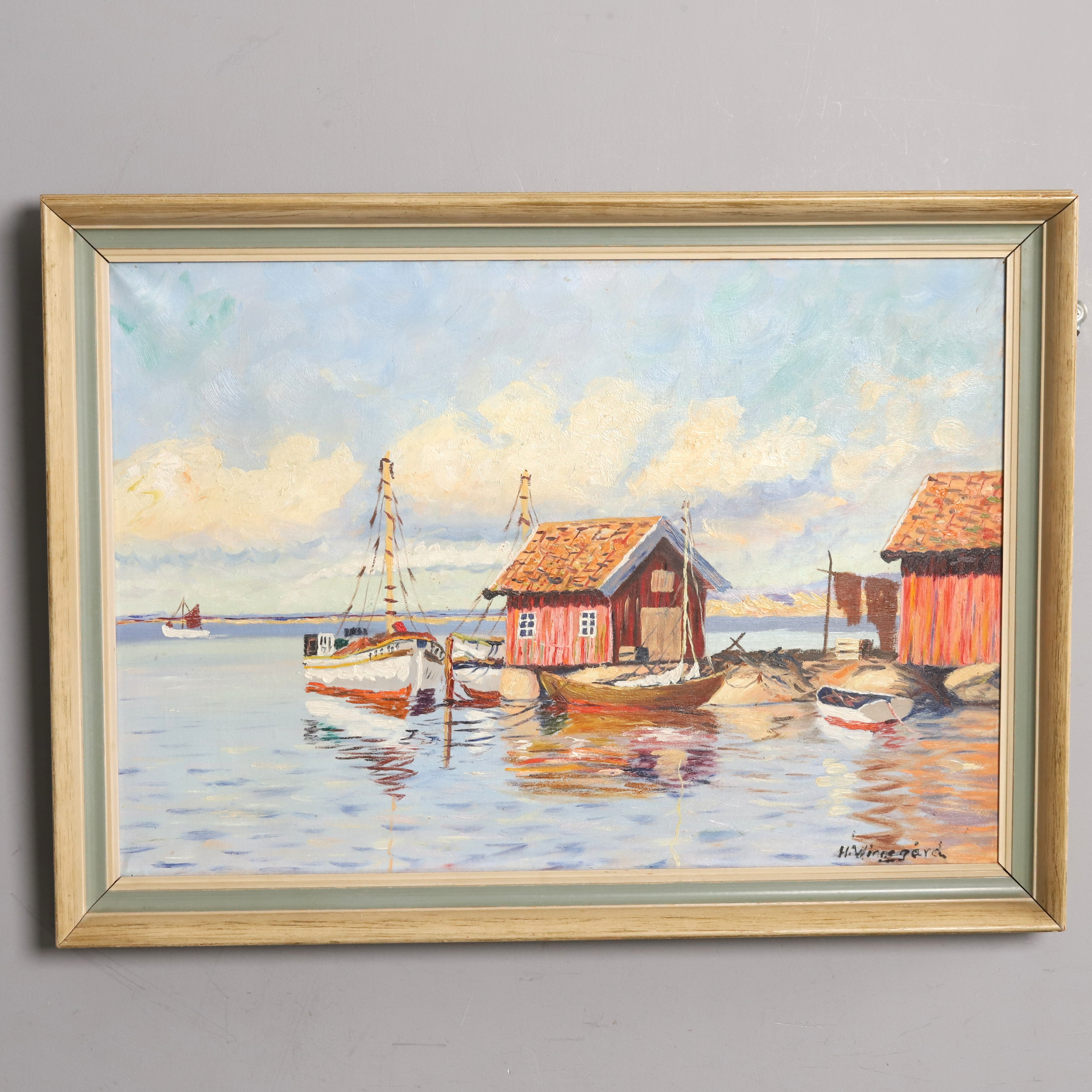OIDENTIFIERAD KONSTNÄR. Olja på duk, "Hamnmotiv", signerad H. Winnegård.