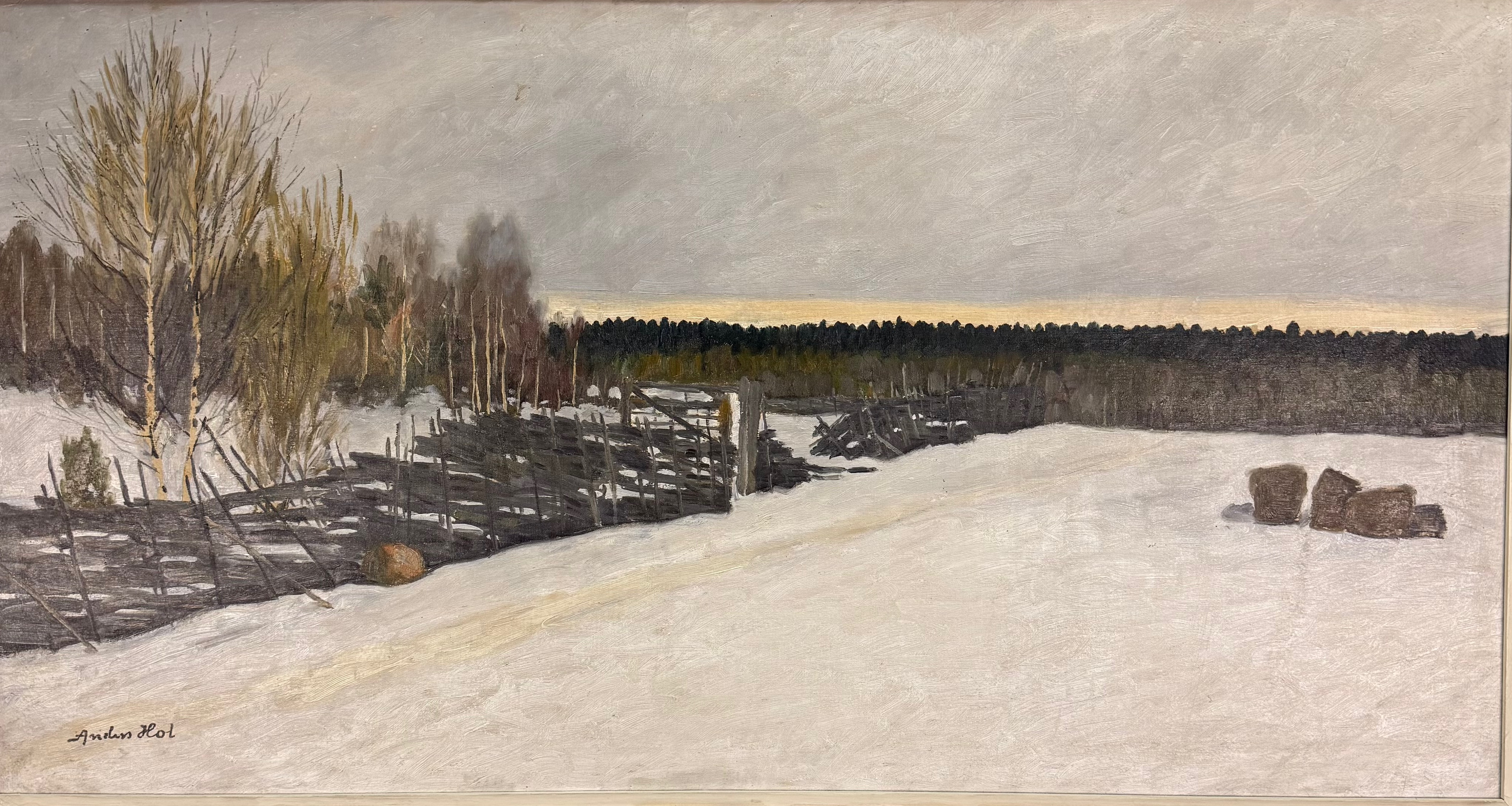 ANDERS HOL. OLJEMÅLNING - gärdesgård vid byvägen Signerad.