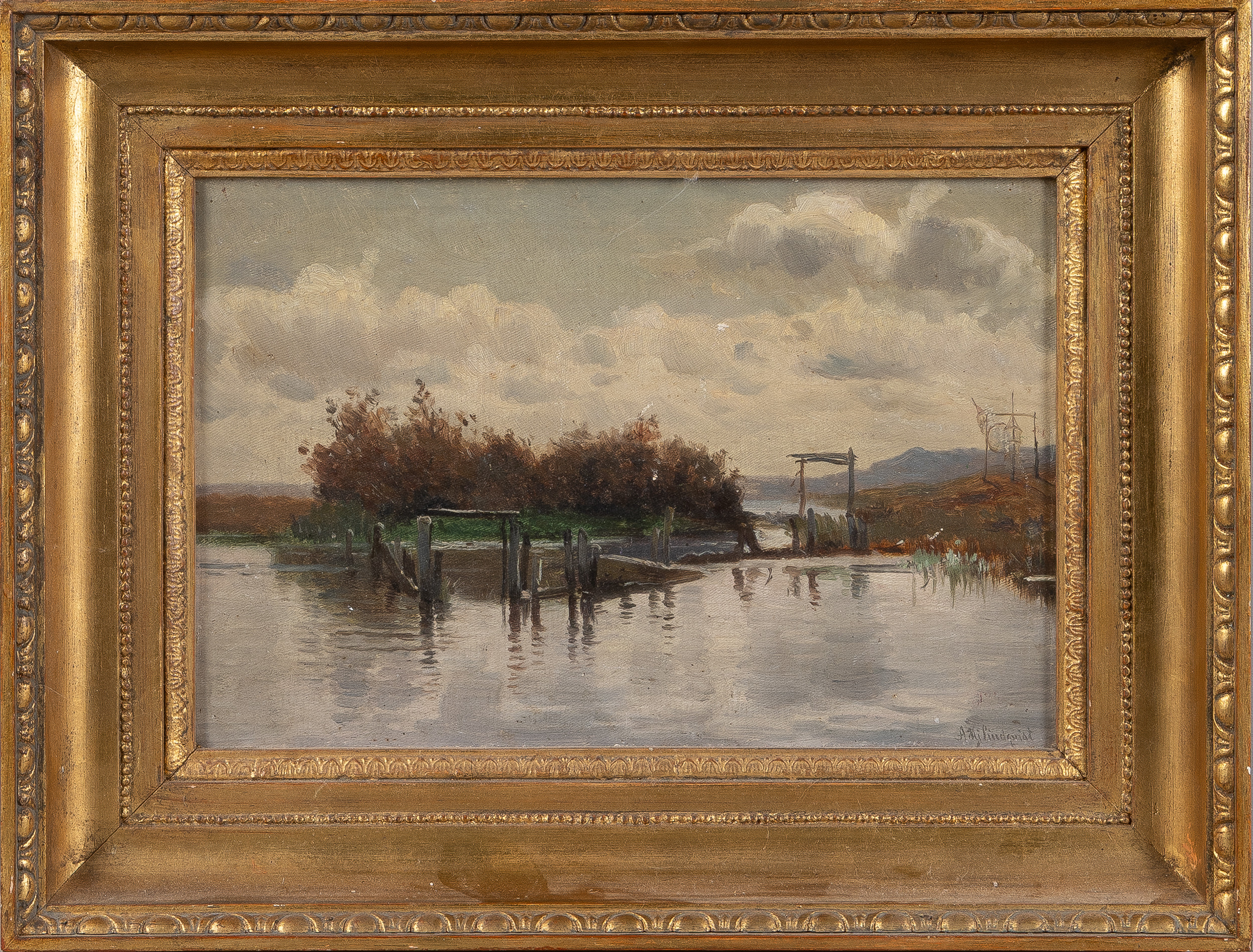 AXEL HJALMAR LINDQVIST (1843-1917). Insjövik, olja på papp.