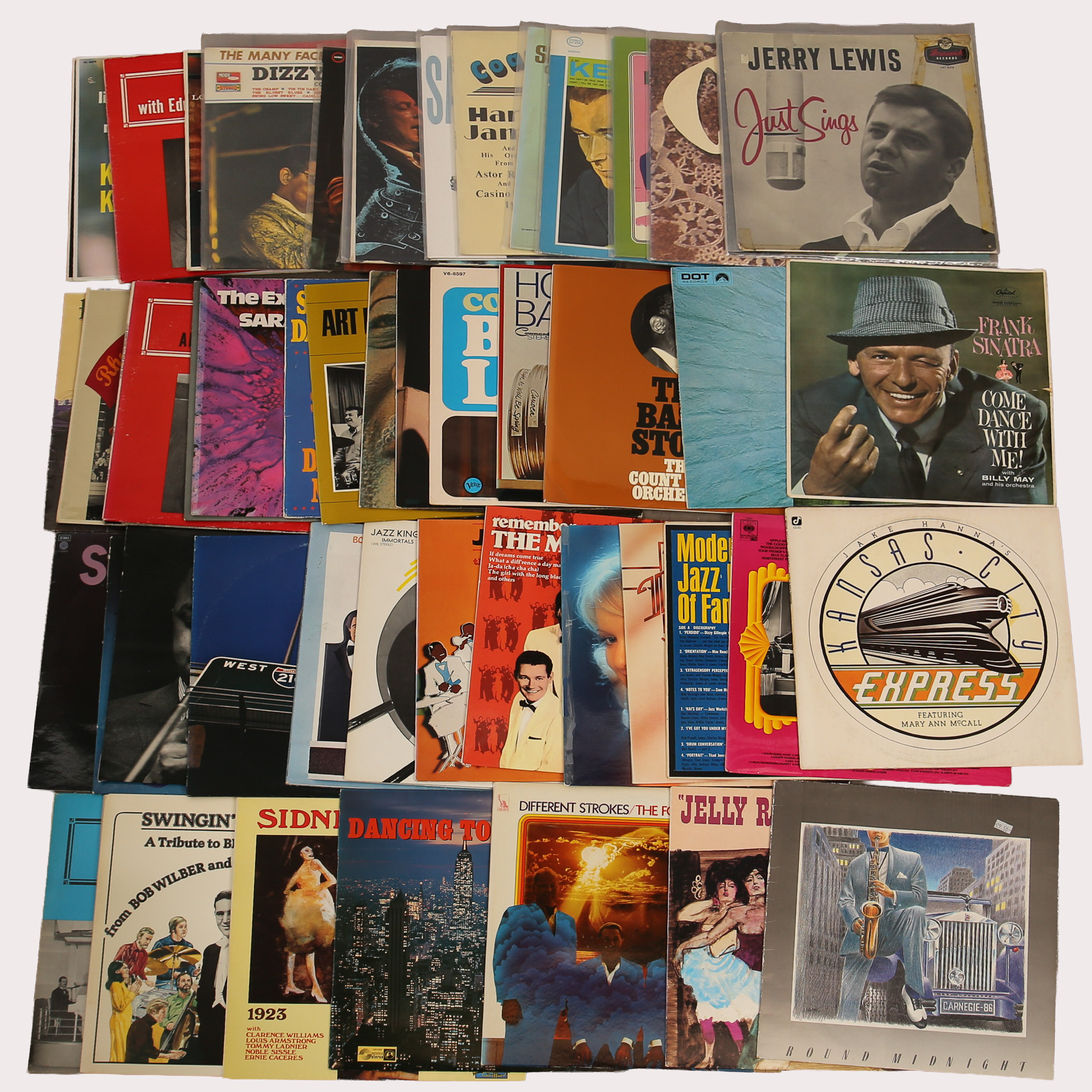 PARTI VINYL/LP skivor, jazz bla Count Basie, Dizzy Gillespie, Louis Armstrong, Sarah Vaughan mfl, tot ca 50 st.
