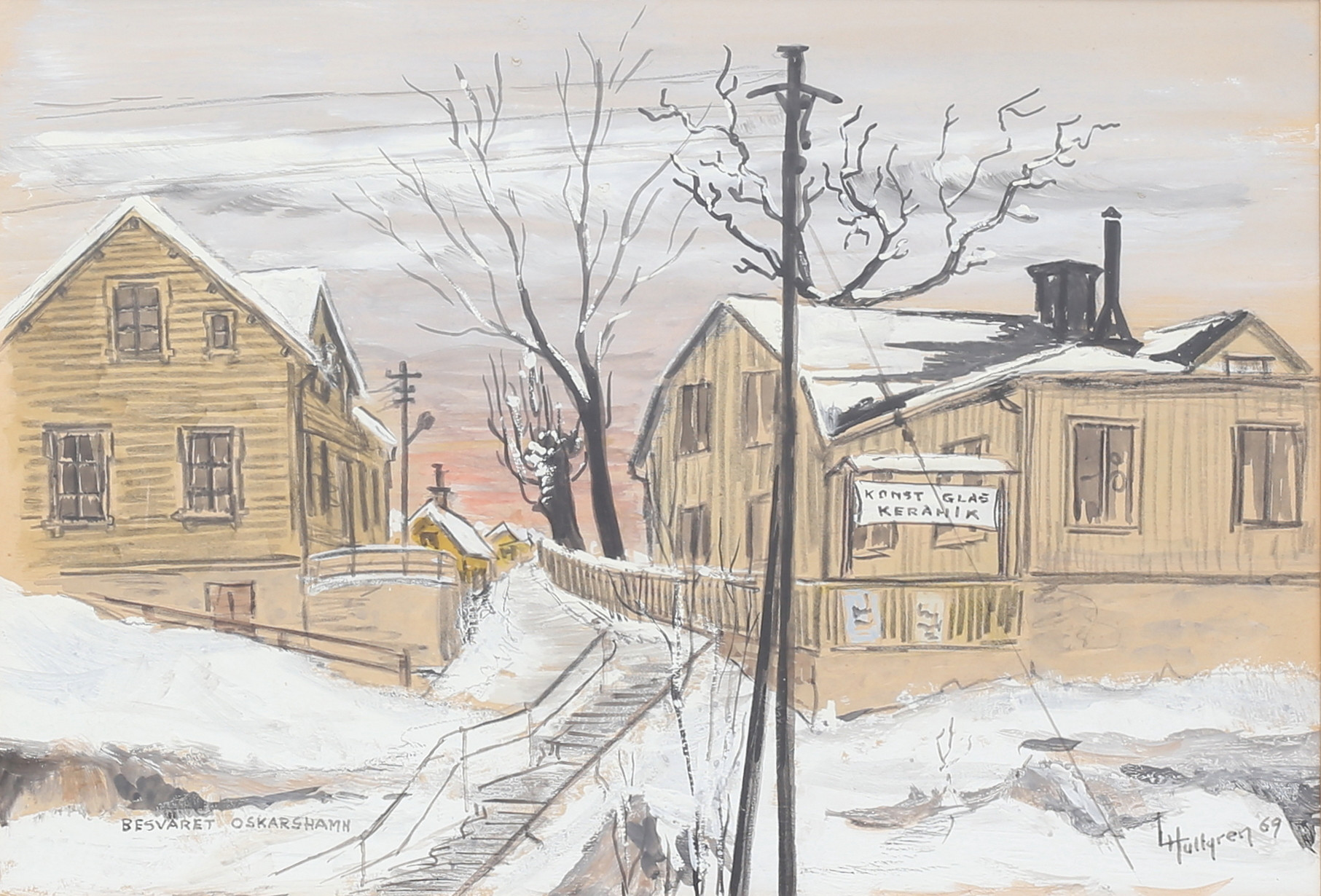 LARS HULTGREN. "Besväret Oskarshamn", blandteknik, signerad, daterad 69.