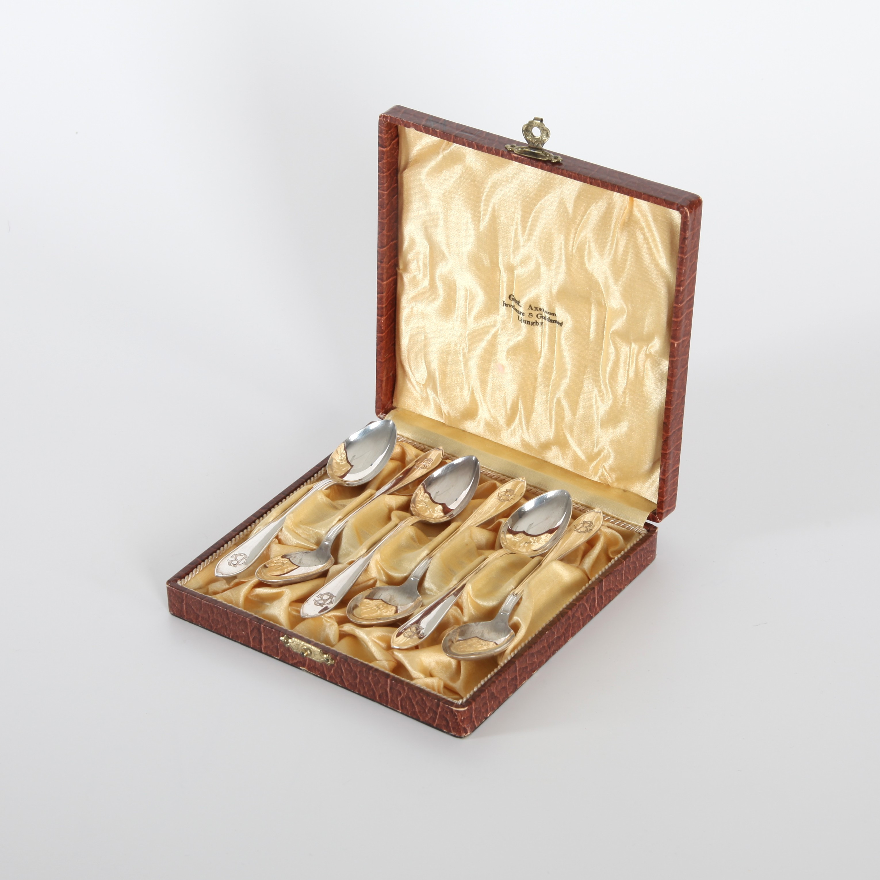 TESKEDAR I SCHATULL, 6 st, "Svensk Spets", silver, 1935.