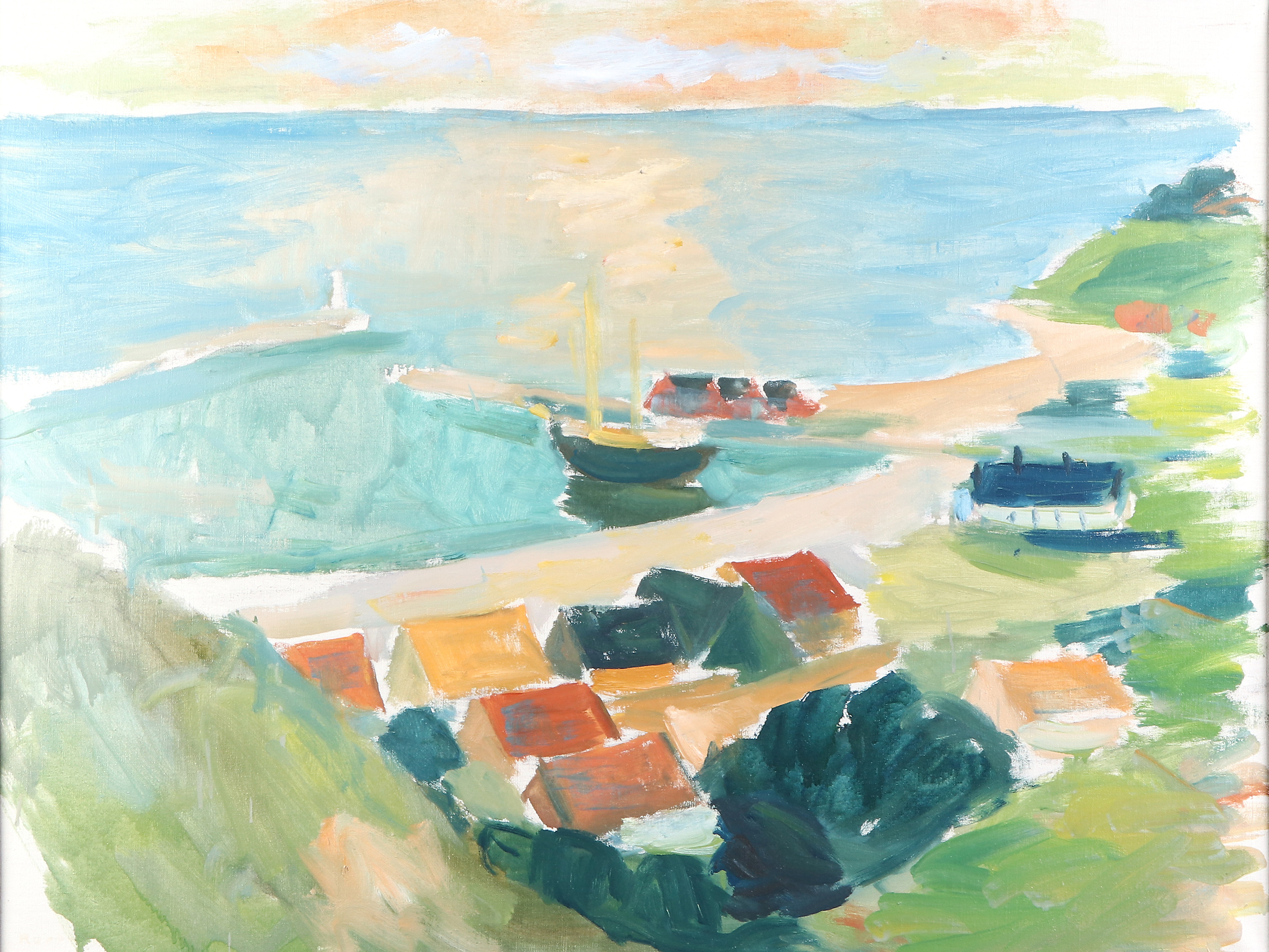 GUSTAV RUDBERG. Oljemålning på duk. Kyrkbackens hamn, Ven. Signerad.