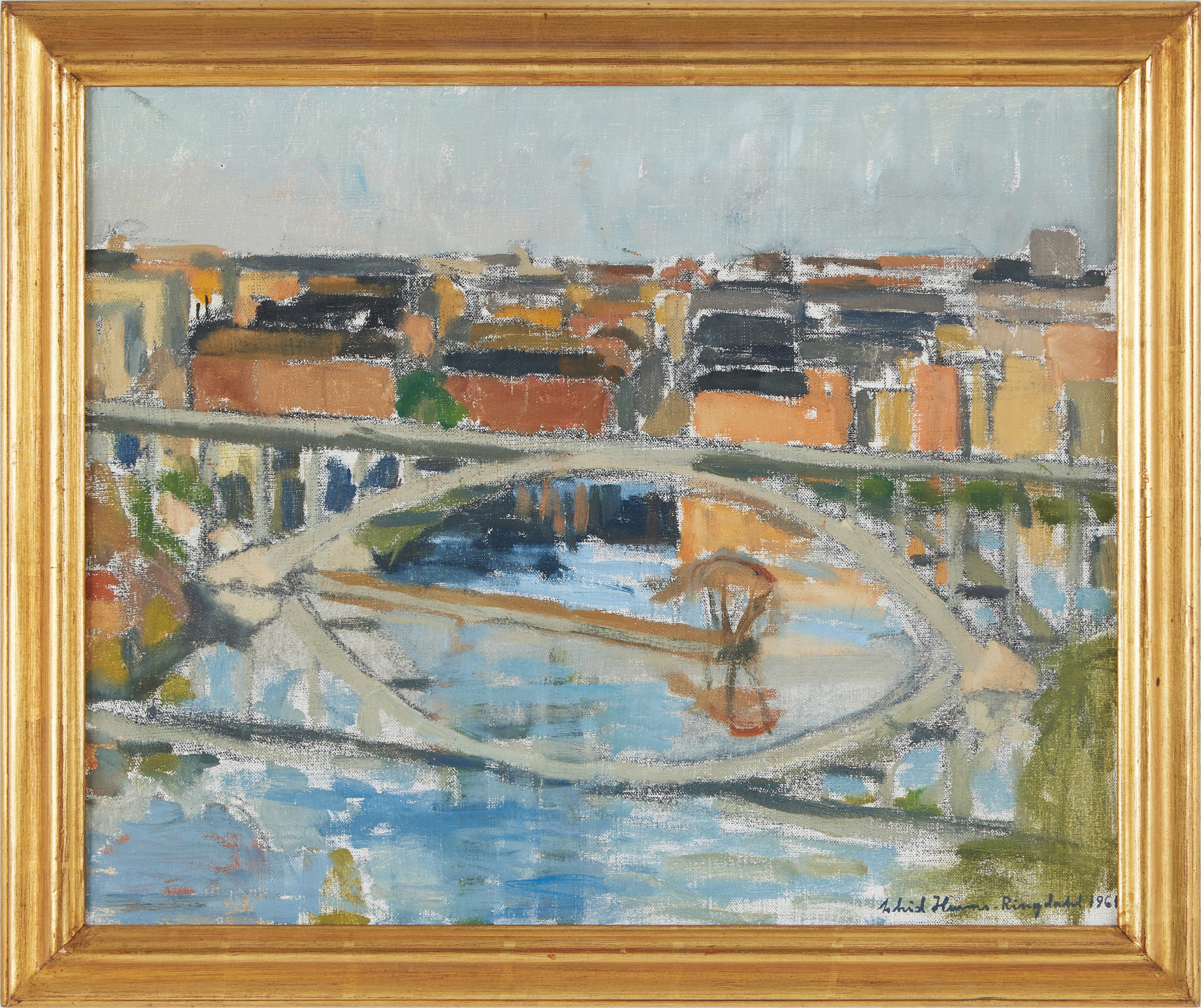 ASTRID HARMS-RINGDAHL. Stockholmsmotiv " Västerbron", olja på duk, signerad, 1960-tal.