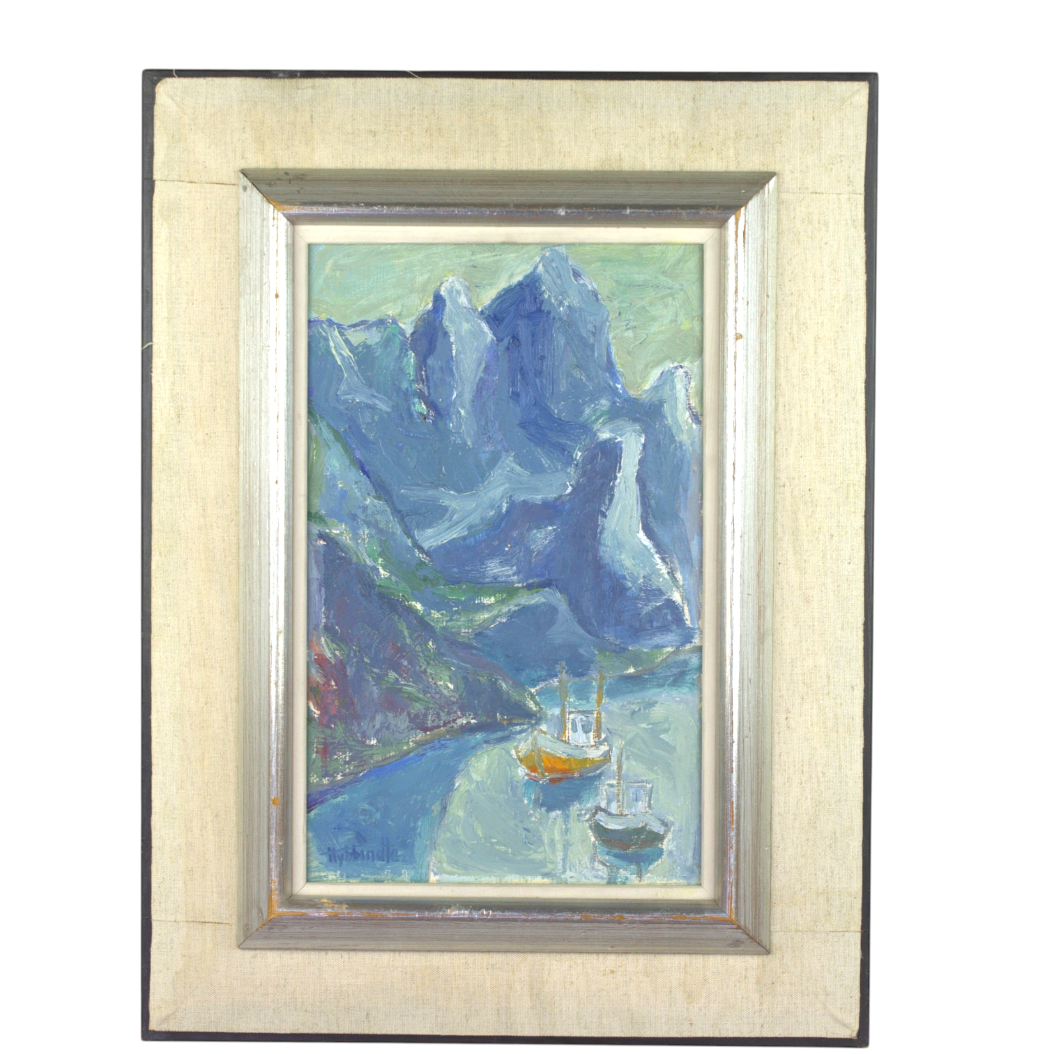 EVA HYBBINETTE. Olja på pannå, fiskebåtar i fjord, signerad.