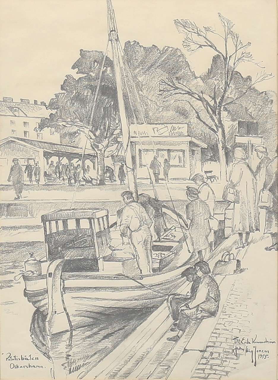 STIG JONZON. "Potatisbåten, Oskarshamn". Kolpenna, signerad och daterad 1955.