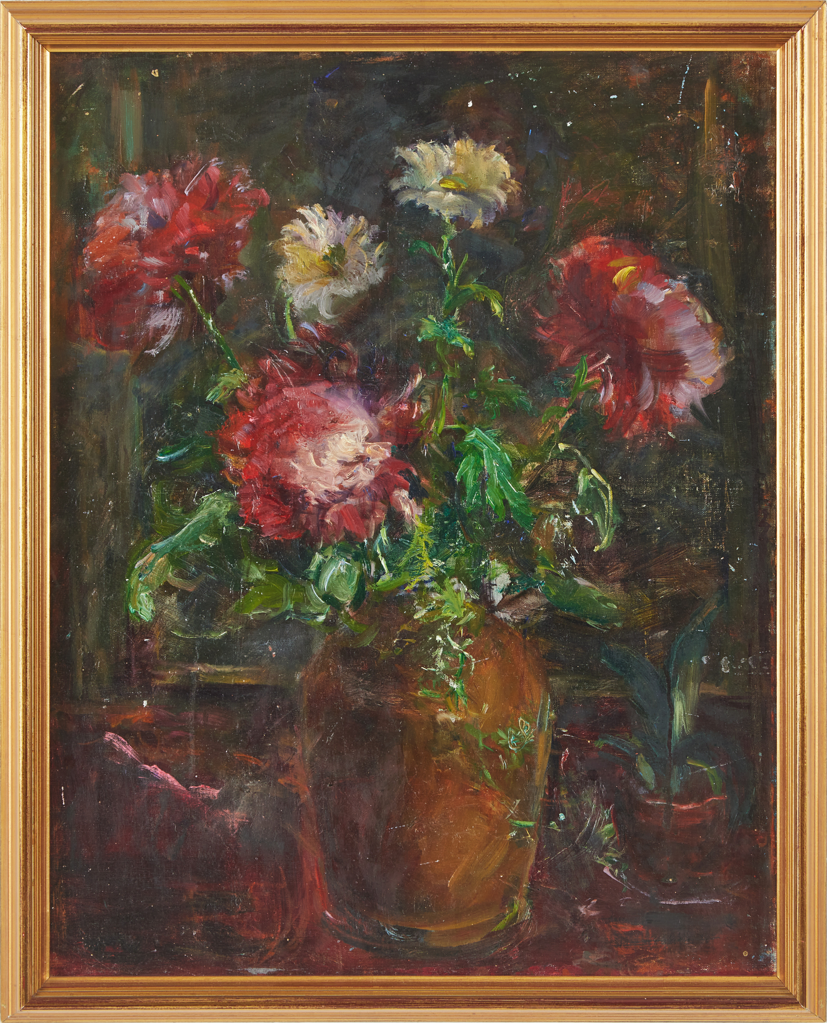ELNA JACOBSSON (1894-1985). TILLSKRIVEN. Stilleben med blommor i vas, olja på duk fäst mot pannå.