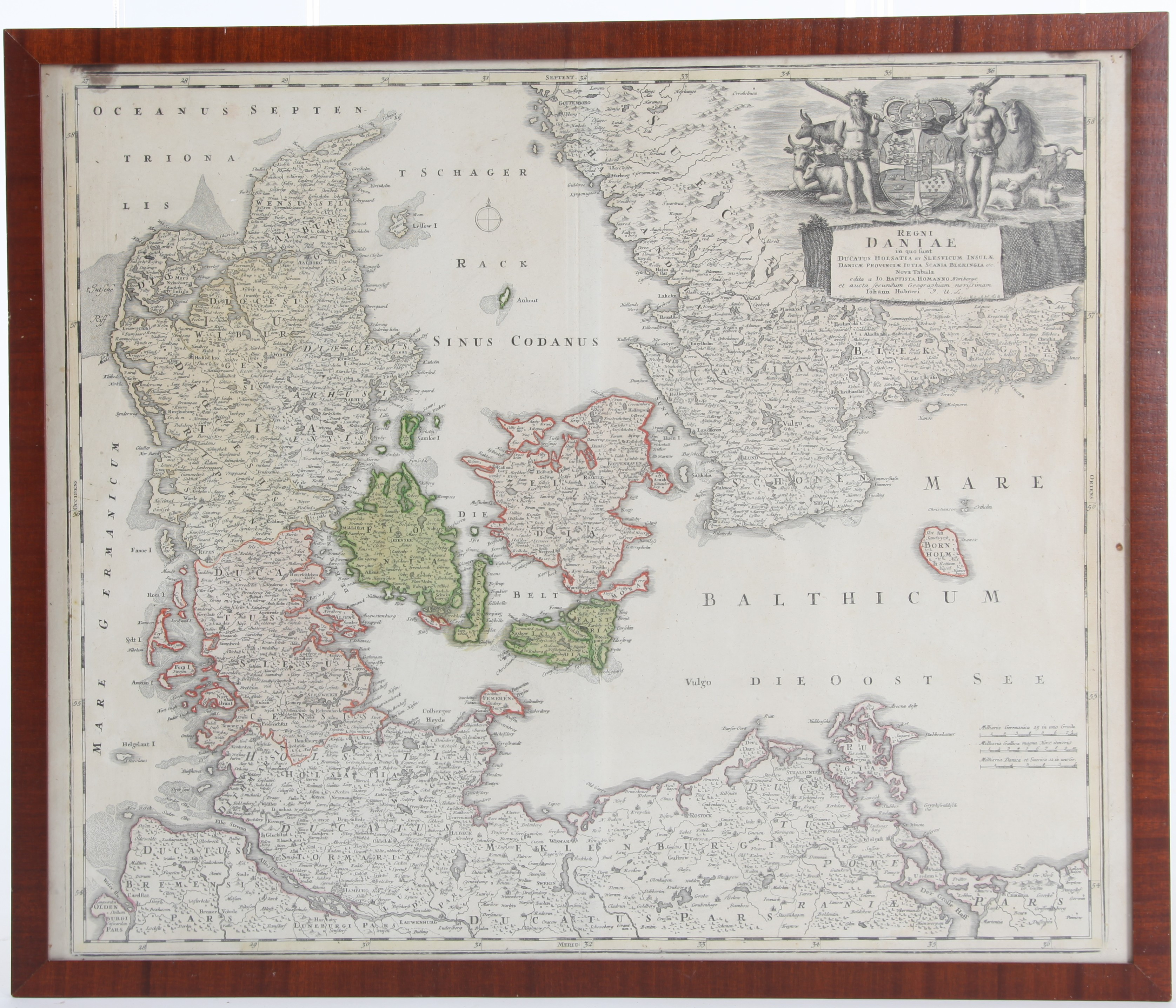 KARTA, kolorerat kopparstick, "REGNI DANIAE", 1700-tal.