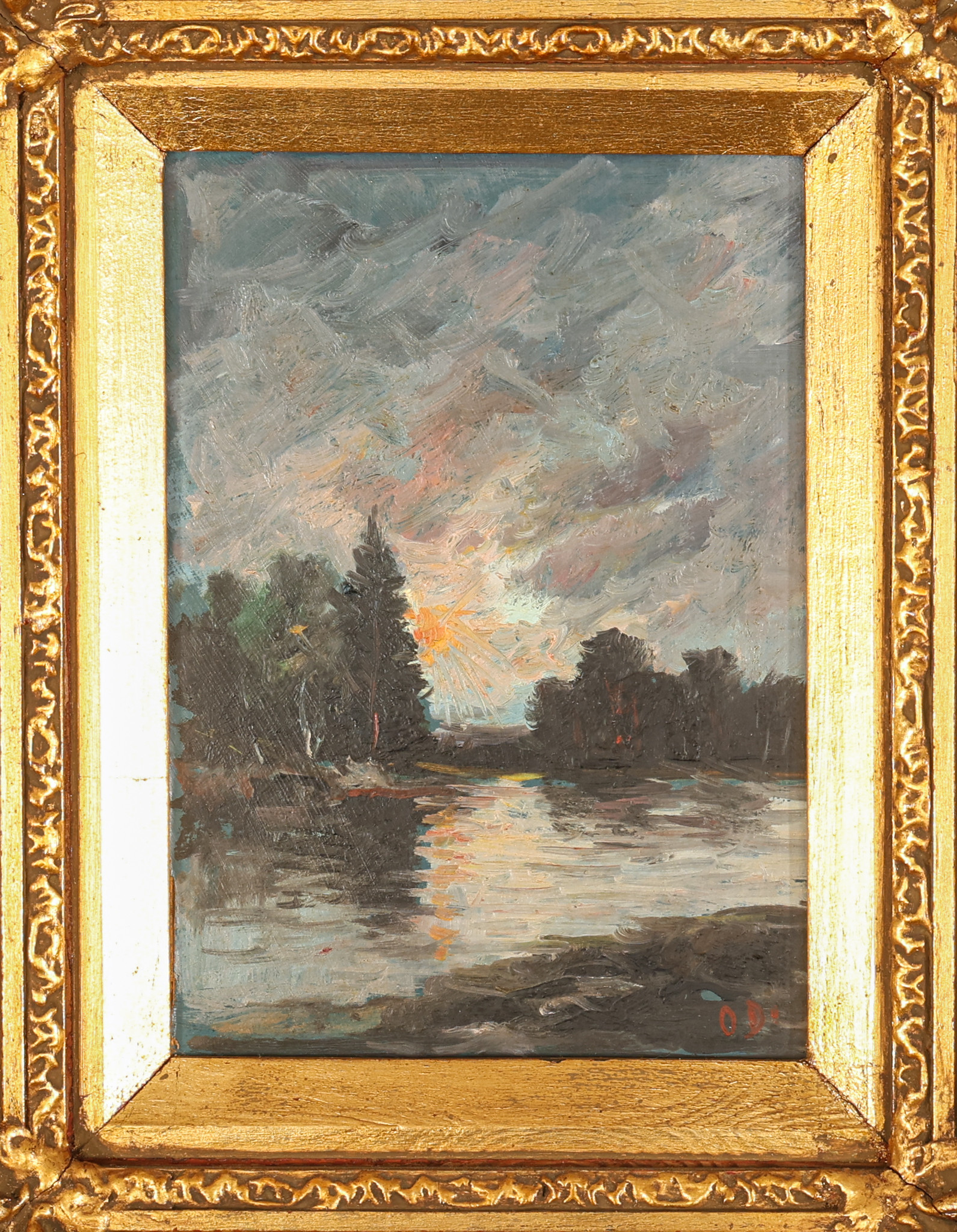 OLOF DYNÉT. Olja på pannå, landskap i kvällsljus, signerad.
