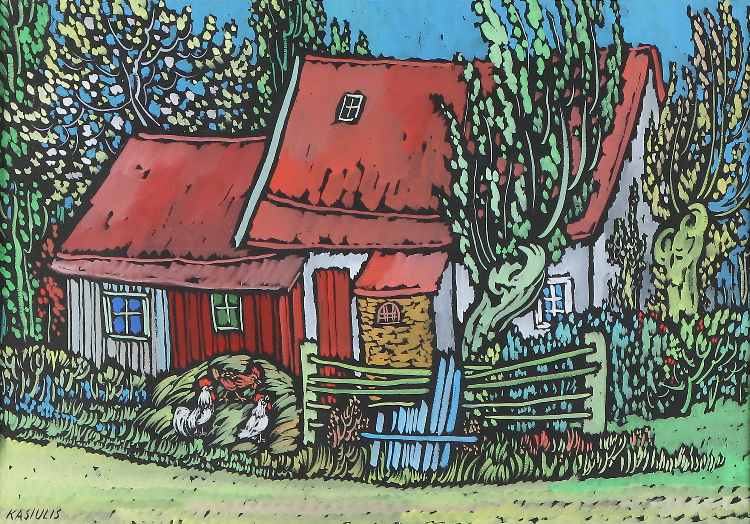 VYTAUTAS KASIULIS. Gouache. Tupp och höns vid äldre bebyggelse. Signerad.