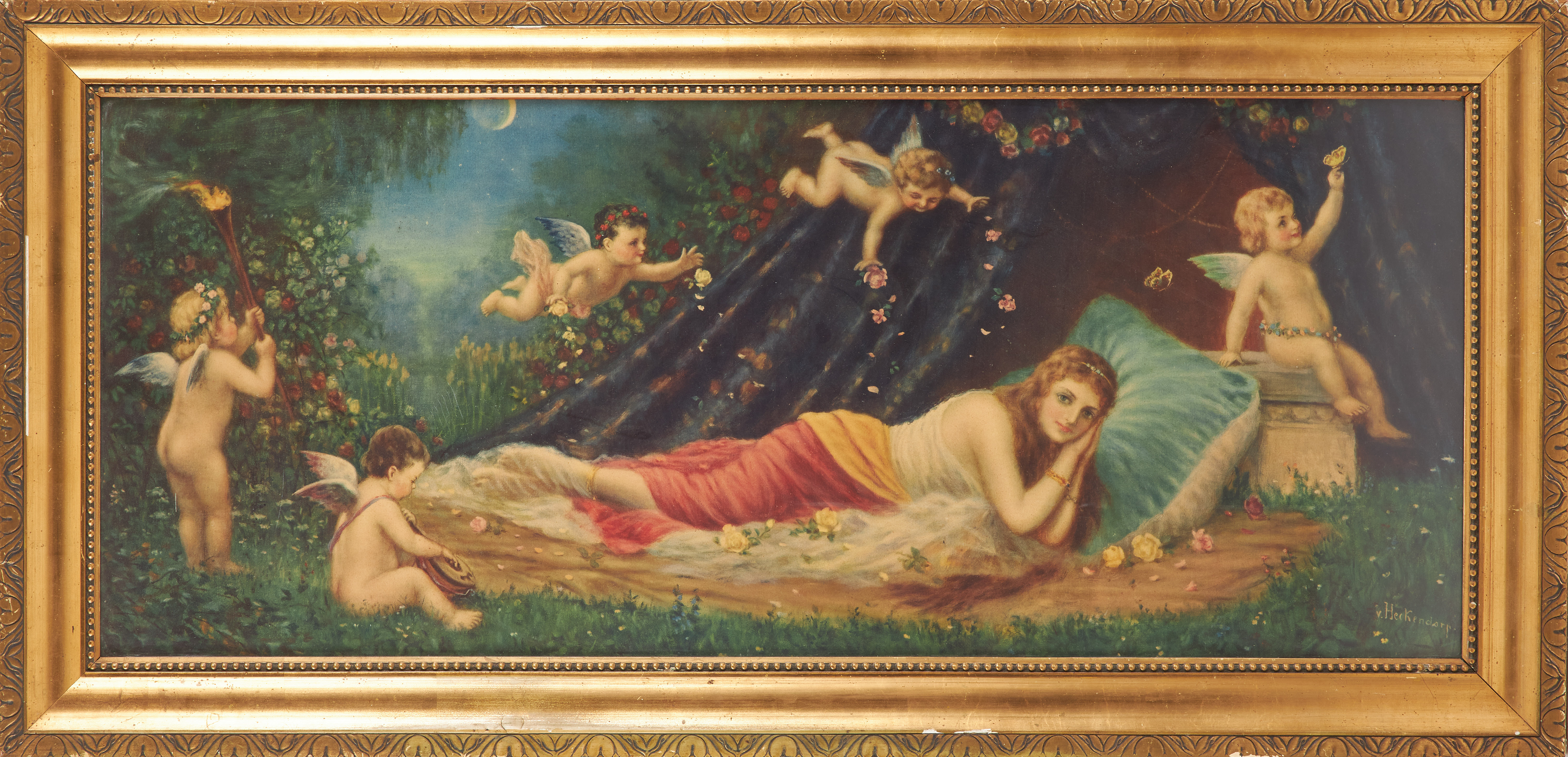 OIDENTIFIERAD KONSTNÄR. Figuralt motiv med putti, oljetryck, signerad V. Heckendorp i trycket.