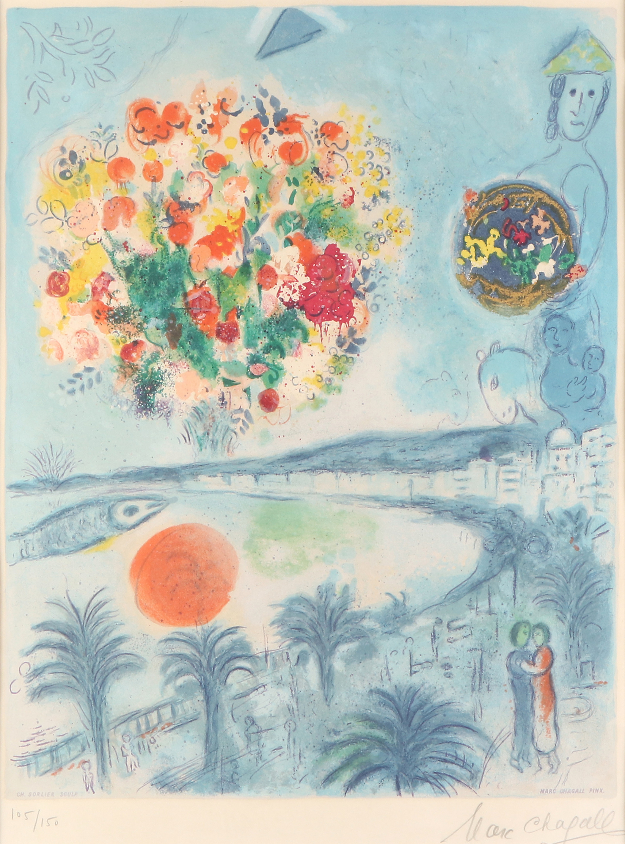 MARC CHAGALL. Litografi, 105/150. "Soleil couchant" ur "Nice et la Côte d'Azur". Sorlier. Signerad.