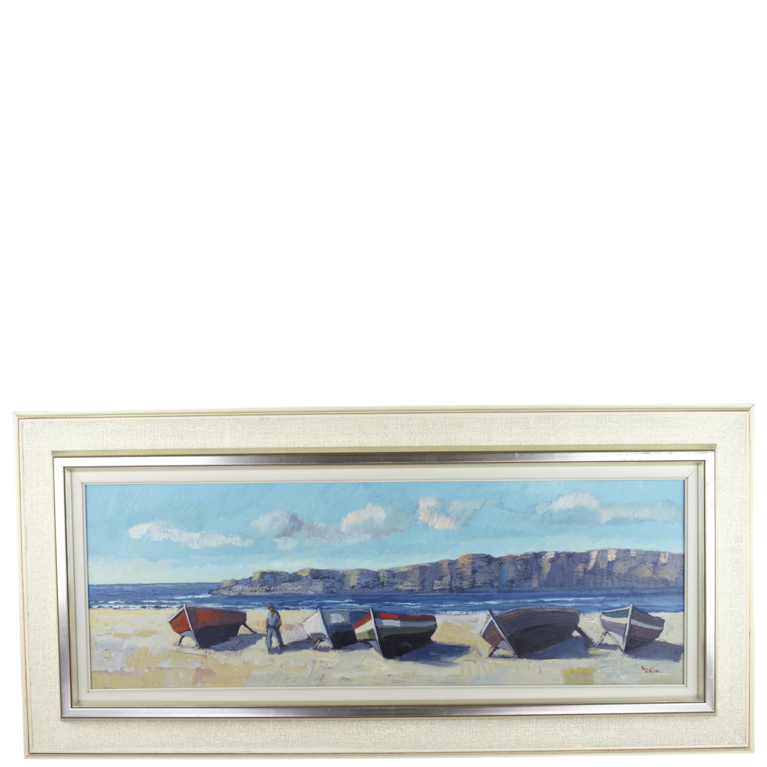 HENRY ELDIN. Olja på duk, sydländskt kustlandskap med fiskebåtar på strand, olja på duk.