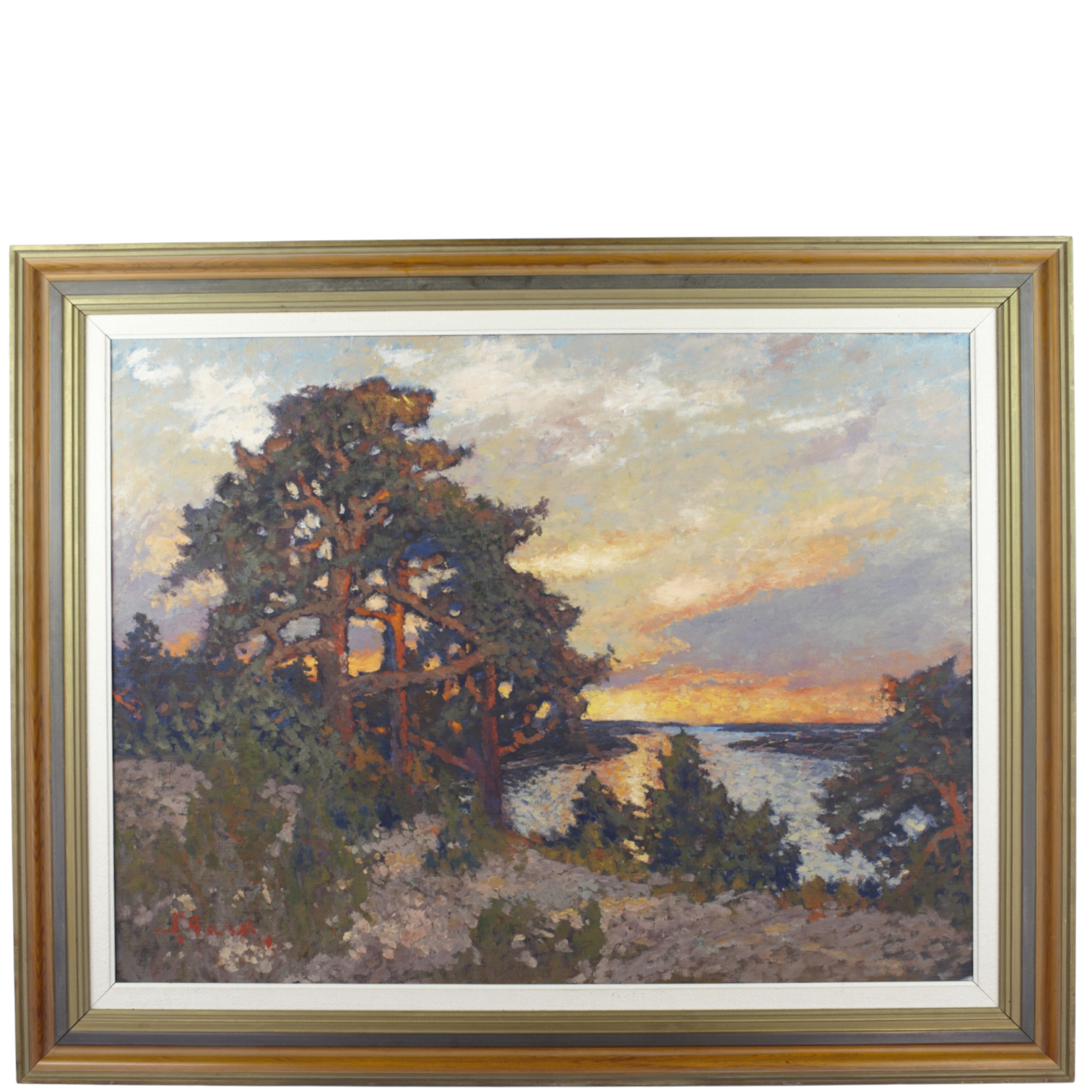 FRANS GARD. Olja på duk, solnedgång över skärgårdsö, signerad.