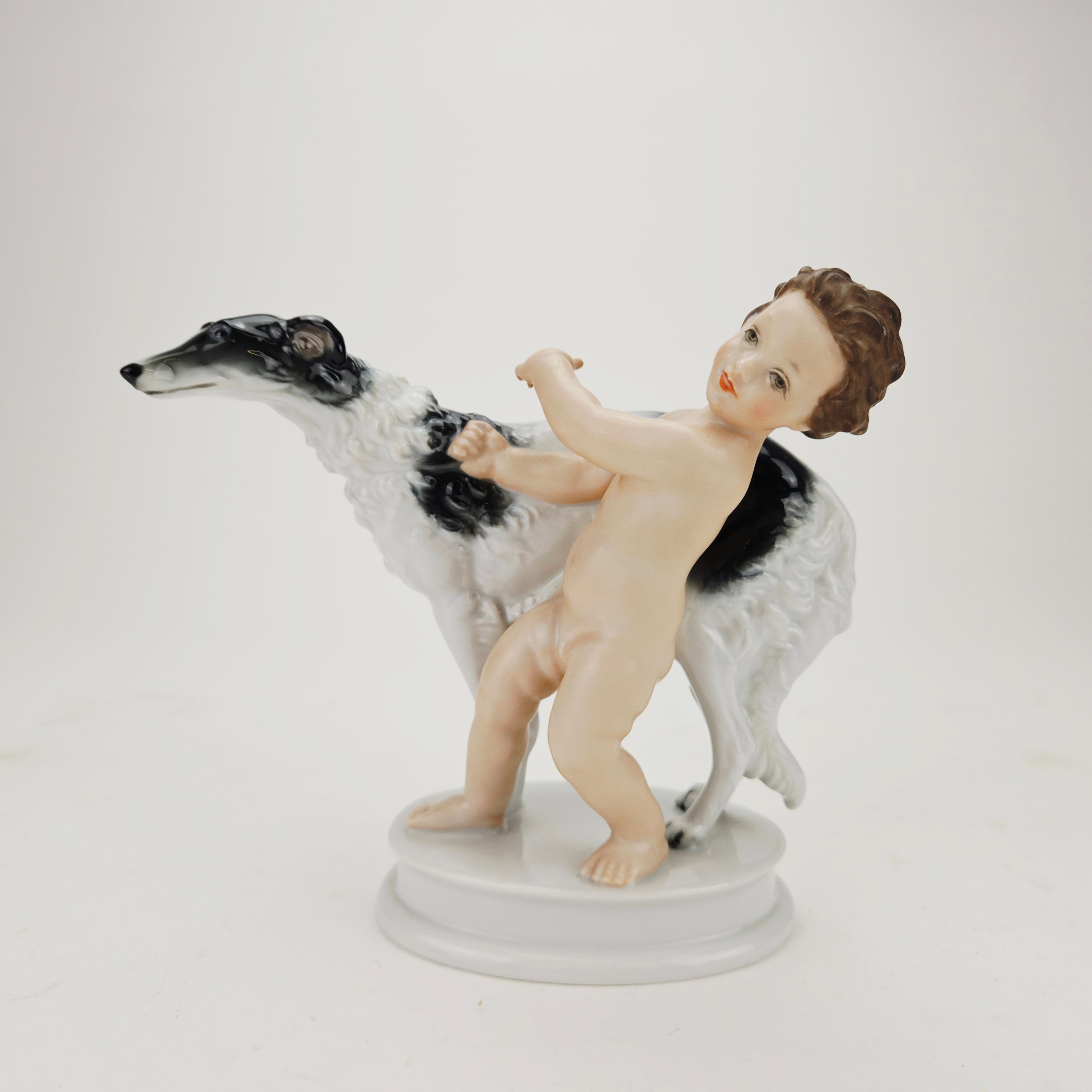FIGURIN, porslin, pojke och Borzoi, Max Herman Fritz, Rosenthal, Tyskland.