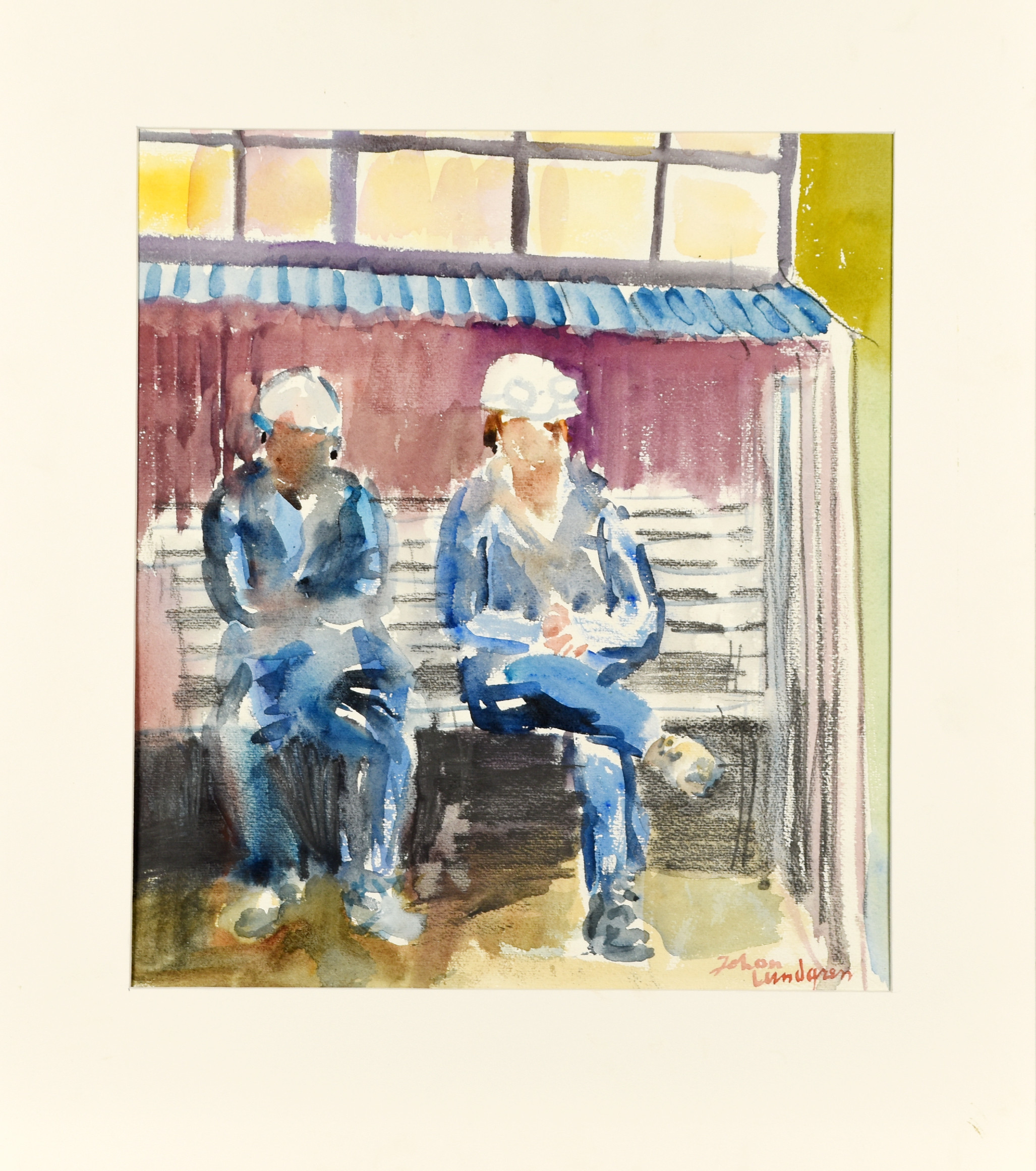 JOHAN LUNDGREN. Akvarell på papper, signerad, 1900tal, motiv av sittande industriarbetare.