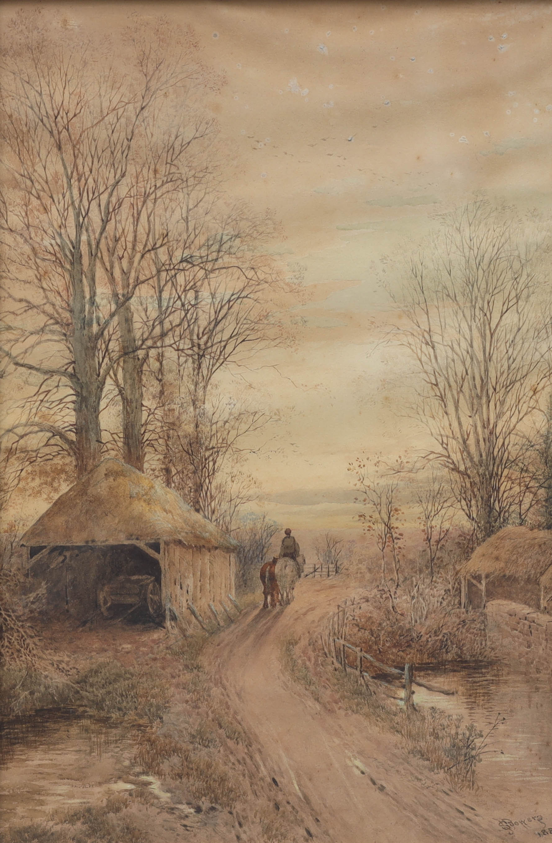 STEPHEN BOWERS. akvarell, hästar på landsväg, signerad S Bowers, daterad 1882.