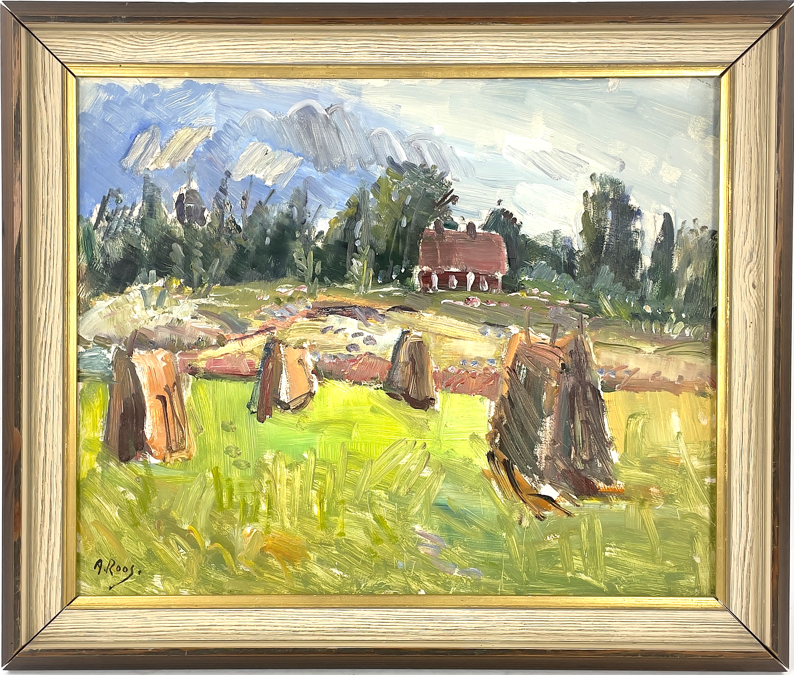 ALEXANDER  ROOS. Olja på pannå, höskörd, signerad A. Roos.