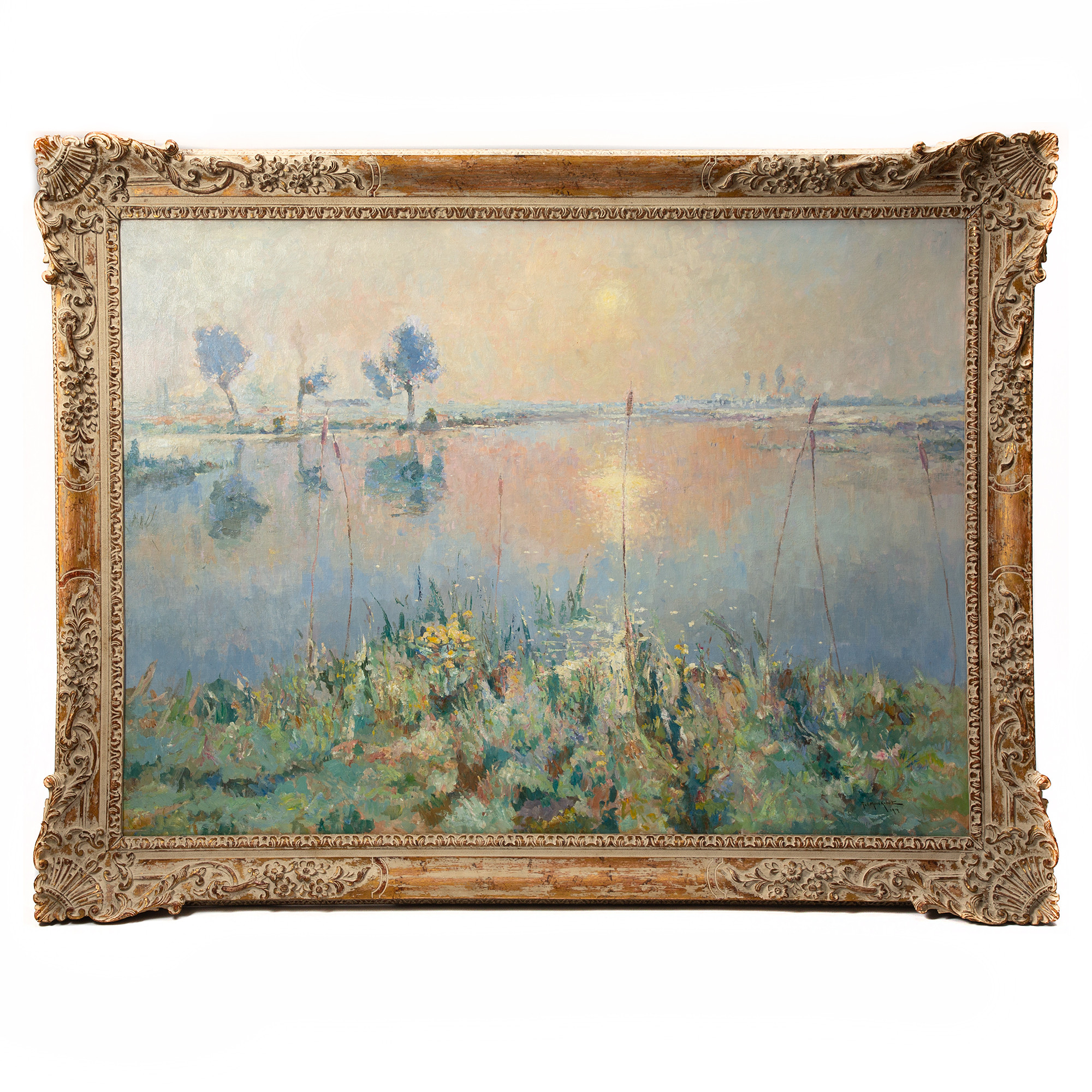 JULES MERCKAERT. Solnedgång vid vattendrag.