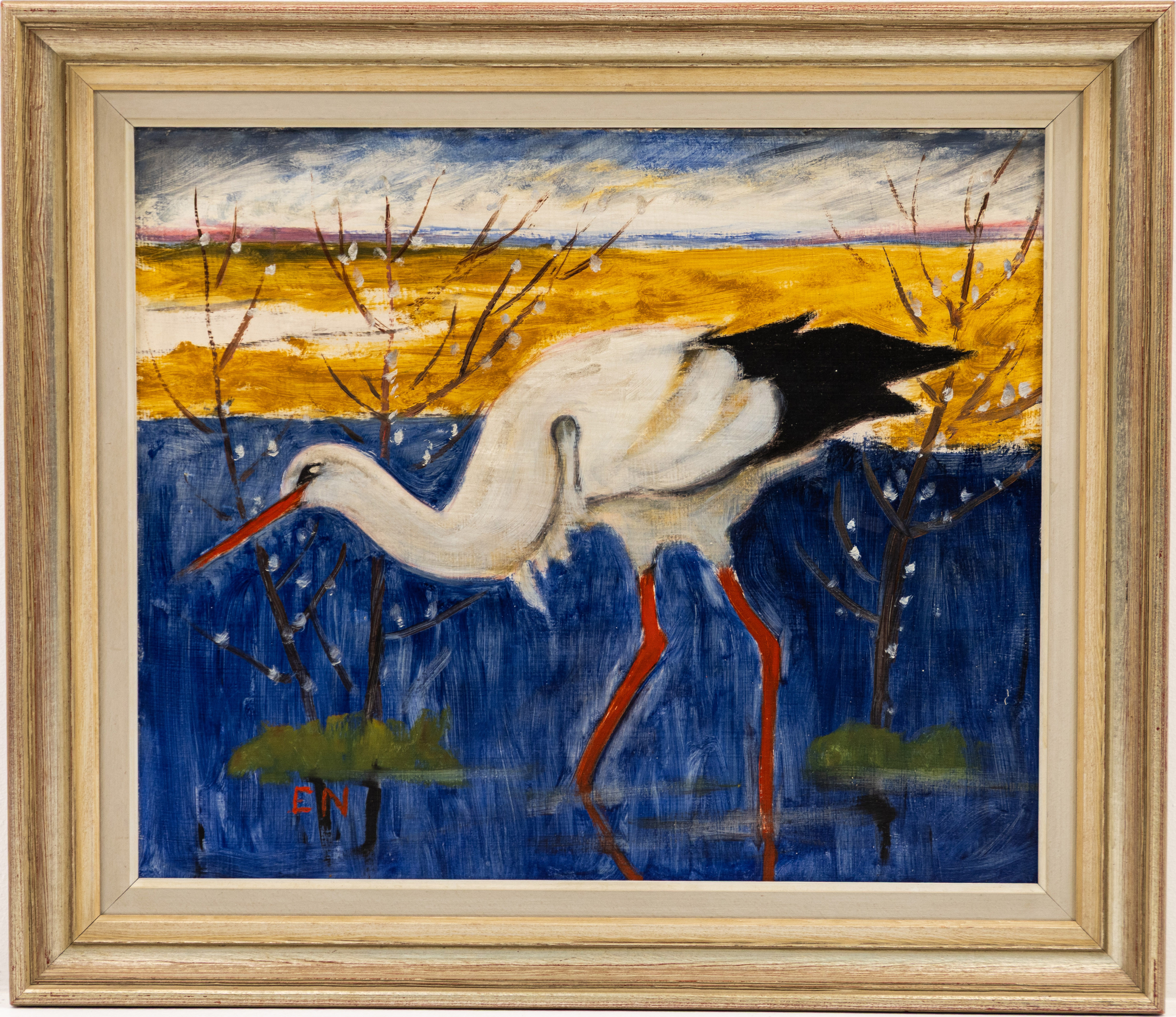 ERNST NORLIND. Olja på pannå, motiv med stork, monogramsignerad.
