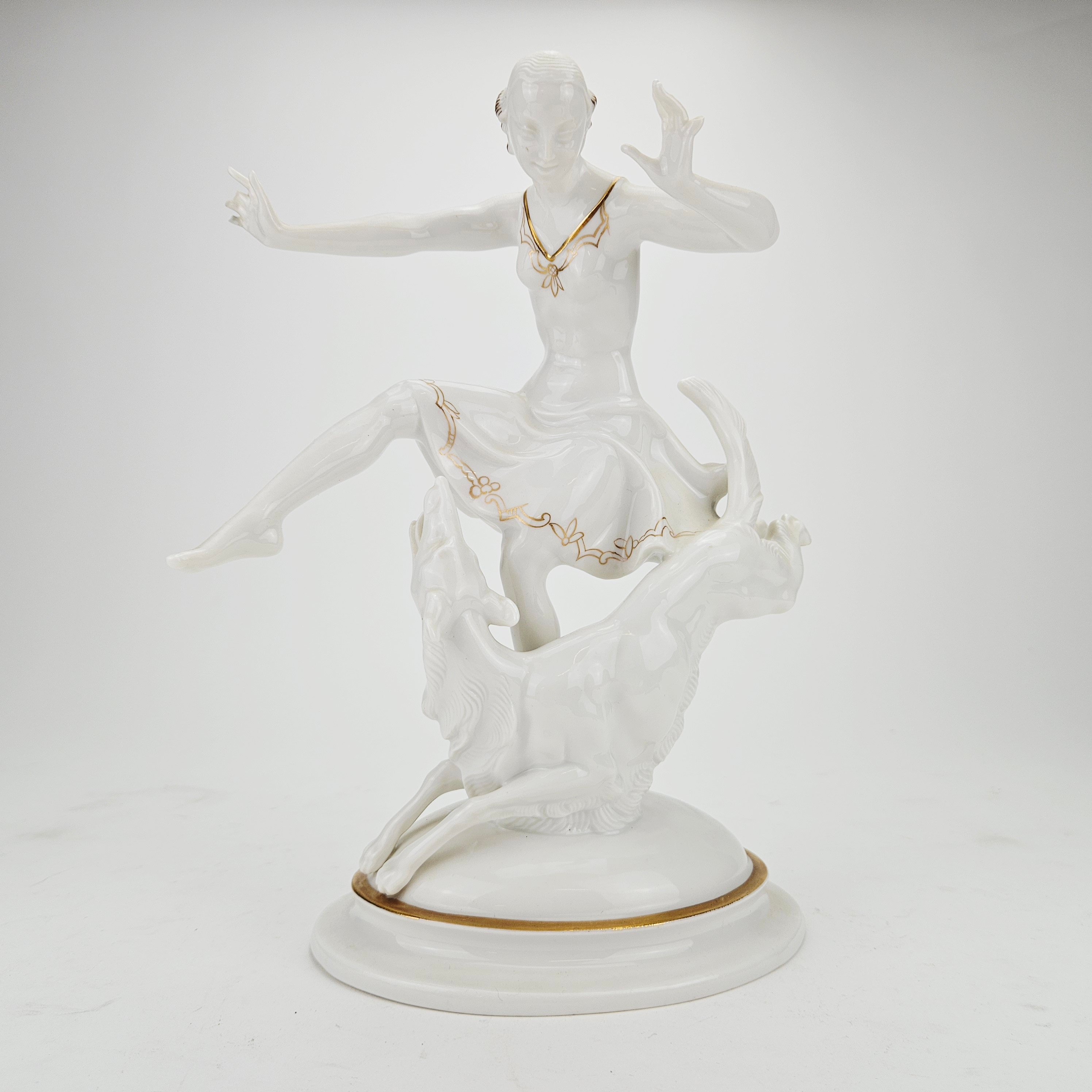 FIGURIN, porslin, Art Deco-stil, kvinna och Borzoi, Carl Werner, Hutschenreuther, Tyskland.