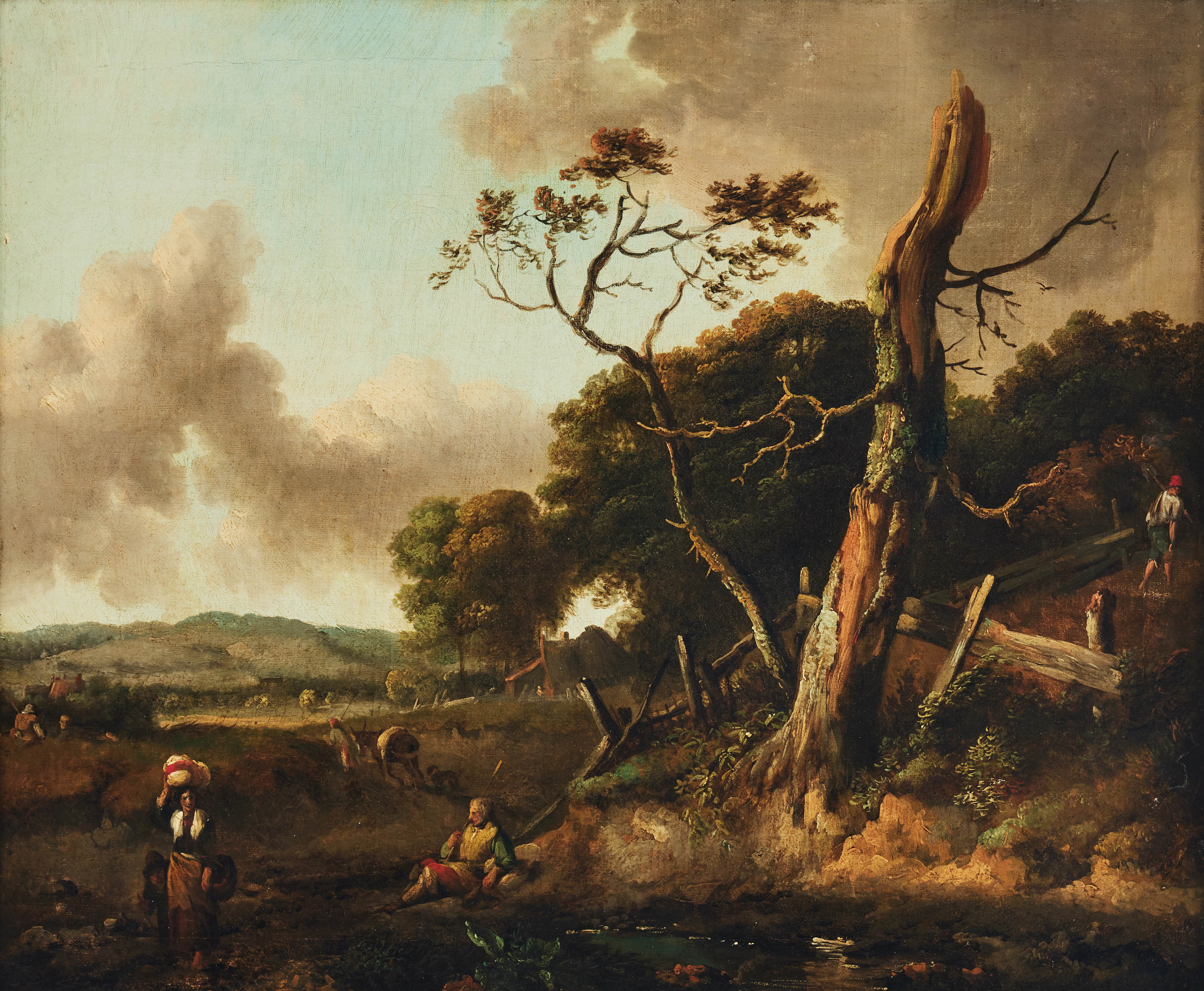 ENGLISH SCHOOL, 18TH CENTURY. Follower of Jan Wijnants. Dune landscape with a shepherd resting by a tree trunk and a lady carrying a sack on her head, in the background peasants working by a cottage.