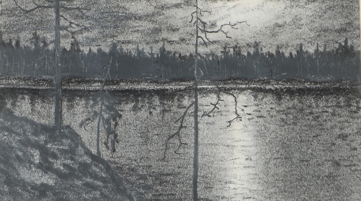 OIDENTIFIERAD KONSTNÄR. Månsken över sjö, krita, otydligt signerad 1919.