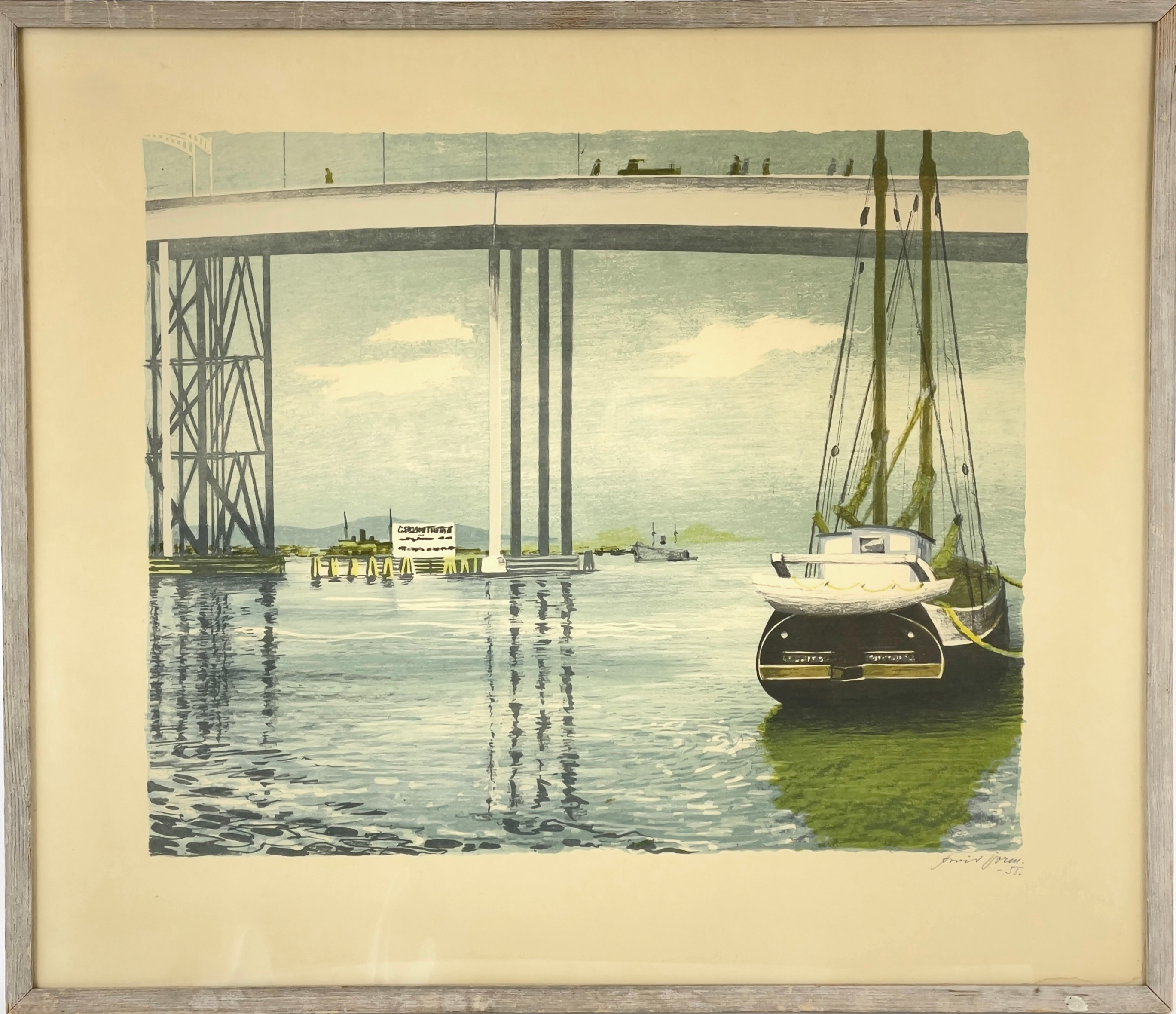 ARVID JORM (1892 - 1964), färglitografi, Göteborgs hamn, signerad och daterad -55.