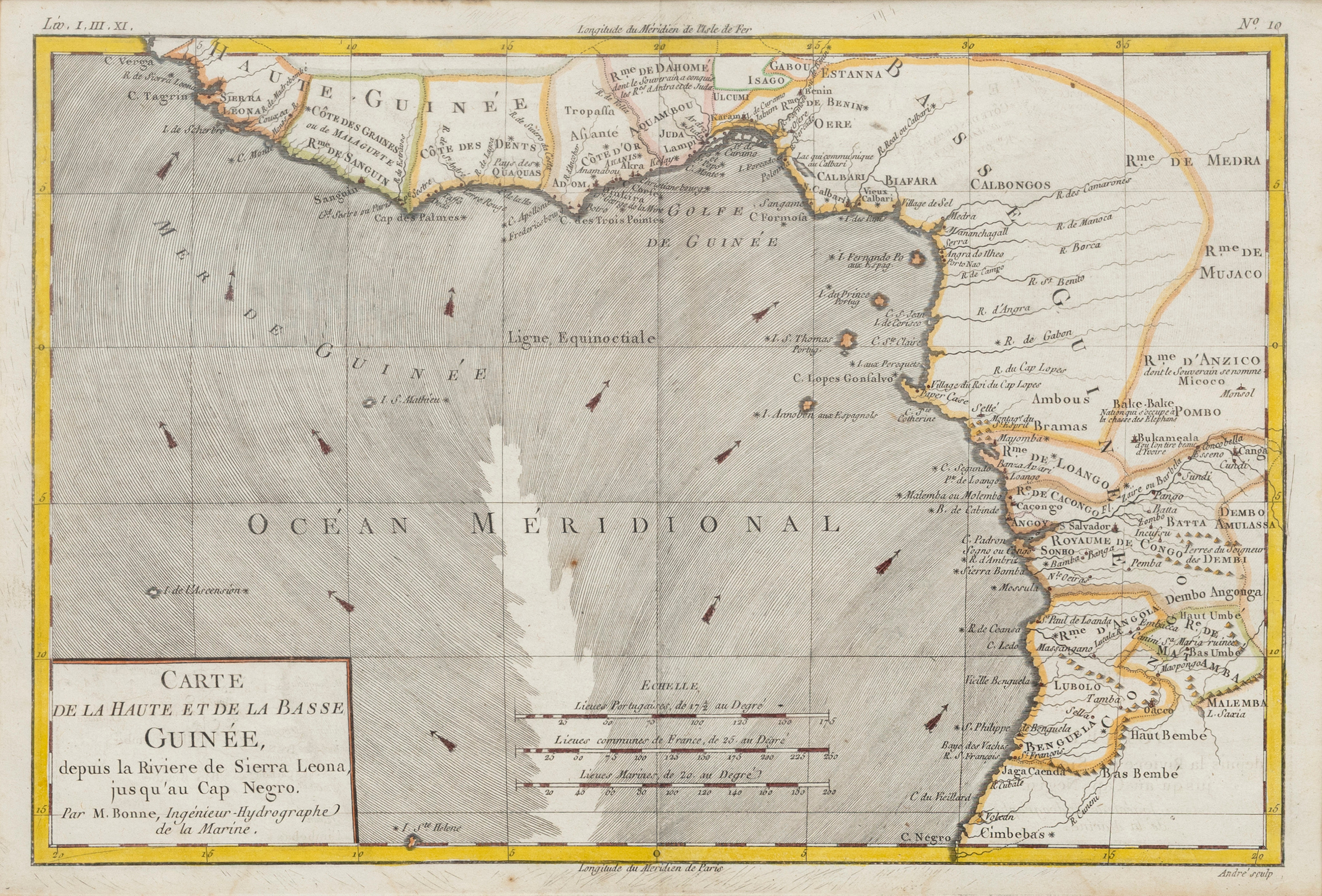KARTA, Afrikas Västkust, kopparstick delvis handkolorerad, omkring 1800.